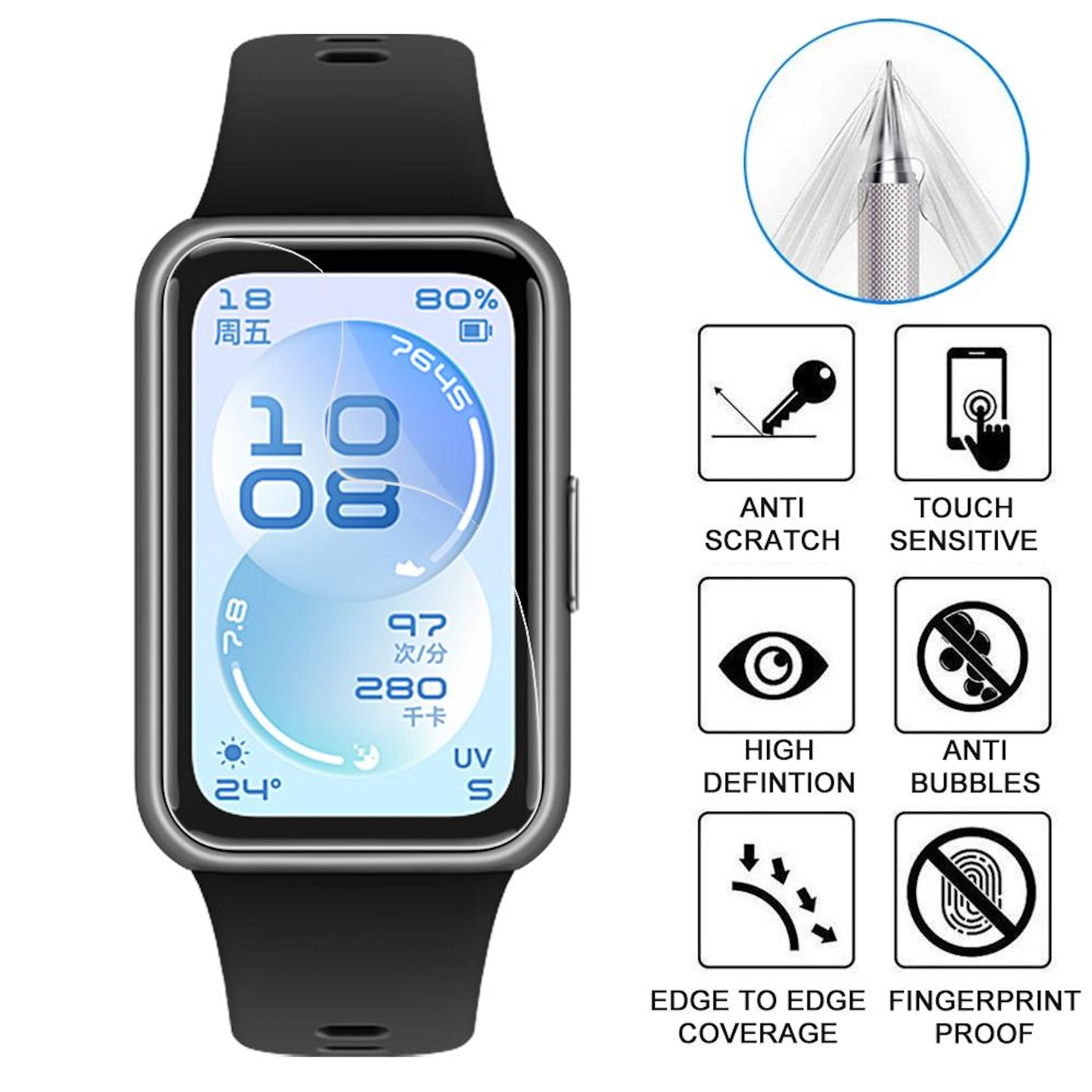 Un display di smartwatch nero mostra ora, data e meteo. Icone di funzioni protettive sono accanto.