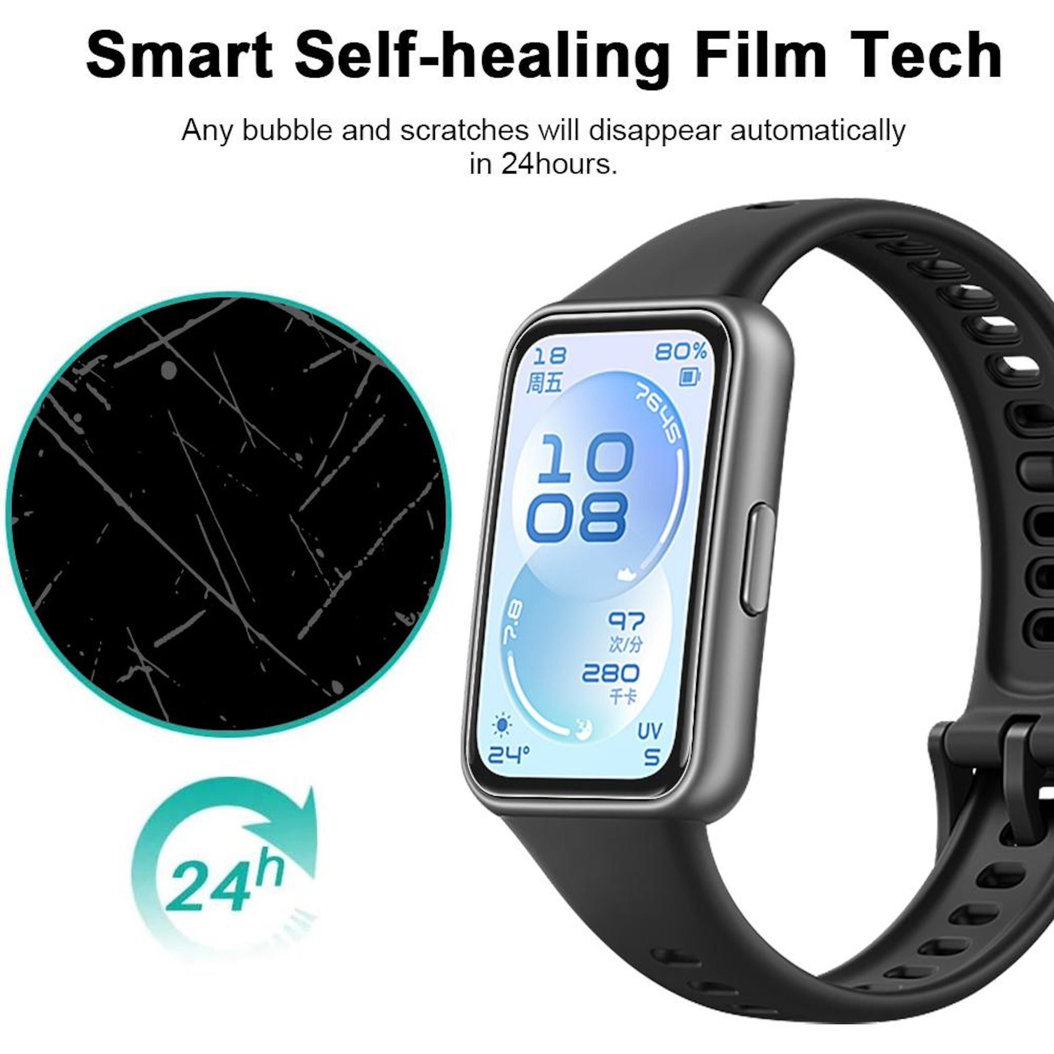 Smartwatch con schermo mostra ore 10:08, batteria 80%, data e icone meteo.
