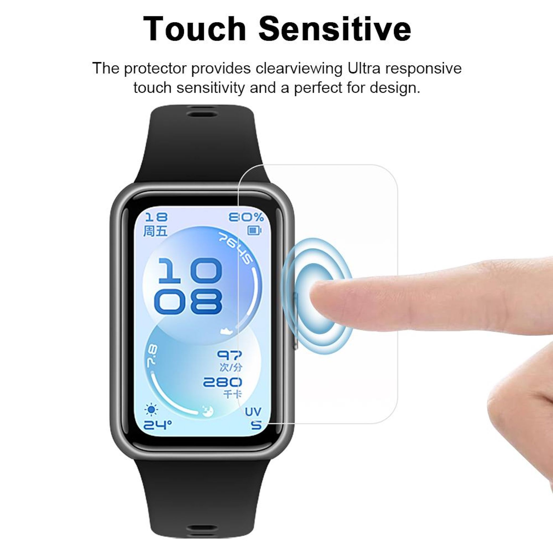 Un dito interagisce con lo schermo di uno smartwatch, dimostrando la sensibilità al tocco. Il testo sopra recita "Touch Sensitive".