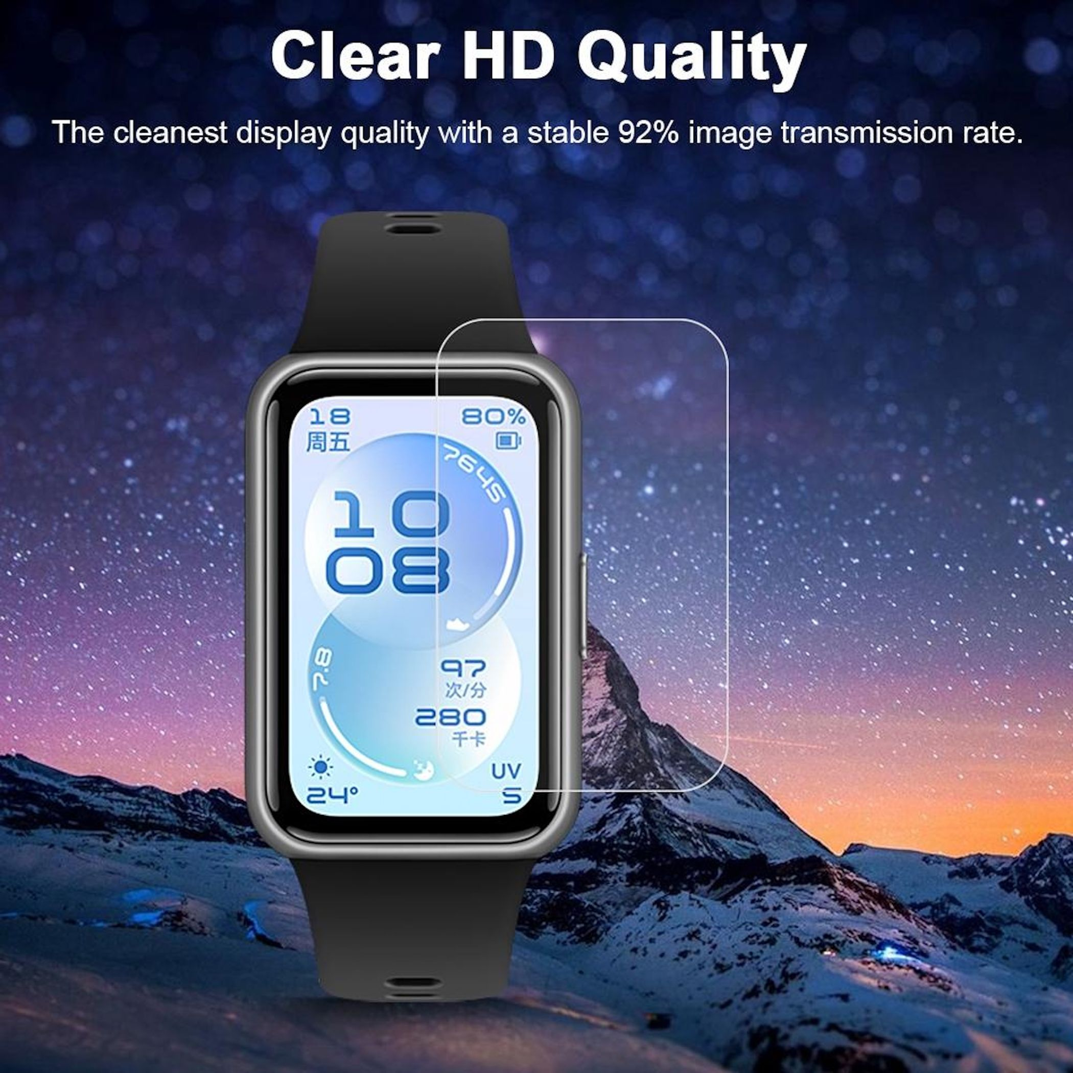 Smartwatch con battito cardiaco e display UV davanti a paesaggio montano.