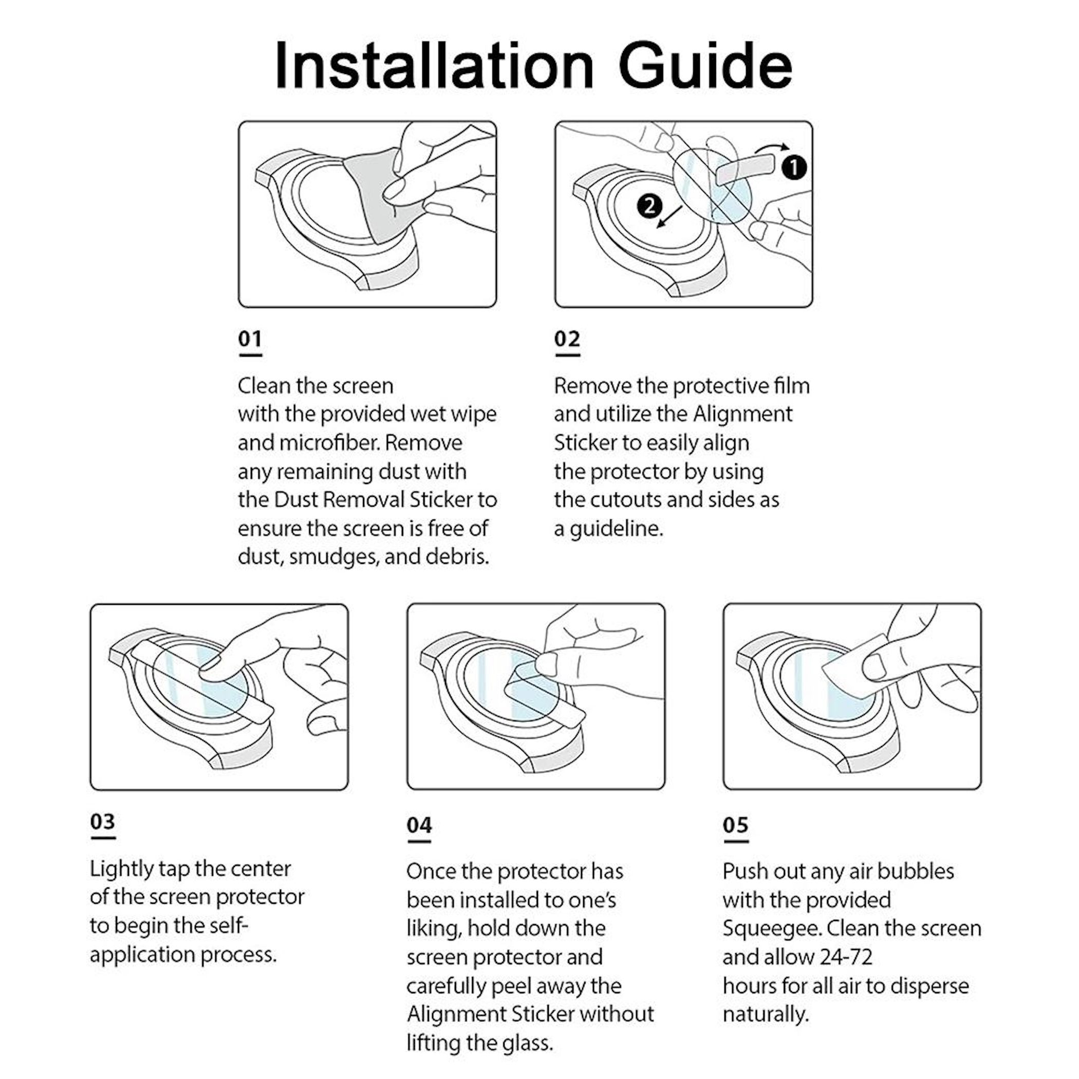 Un diagramma bianco intitolato "Guida all'installazione" mostra cinque passaggi per applicare una protezione per lo schermo a un dispositivo circolare.