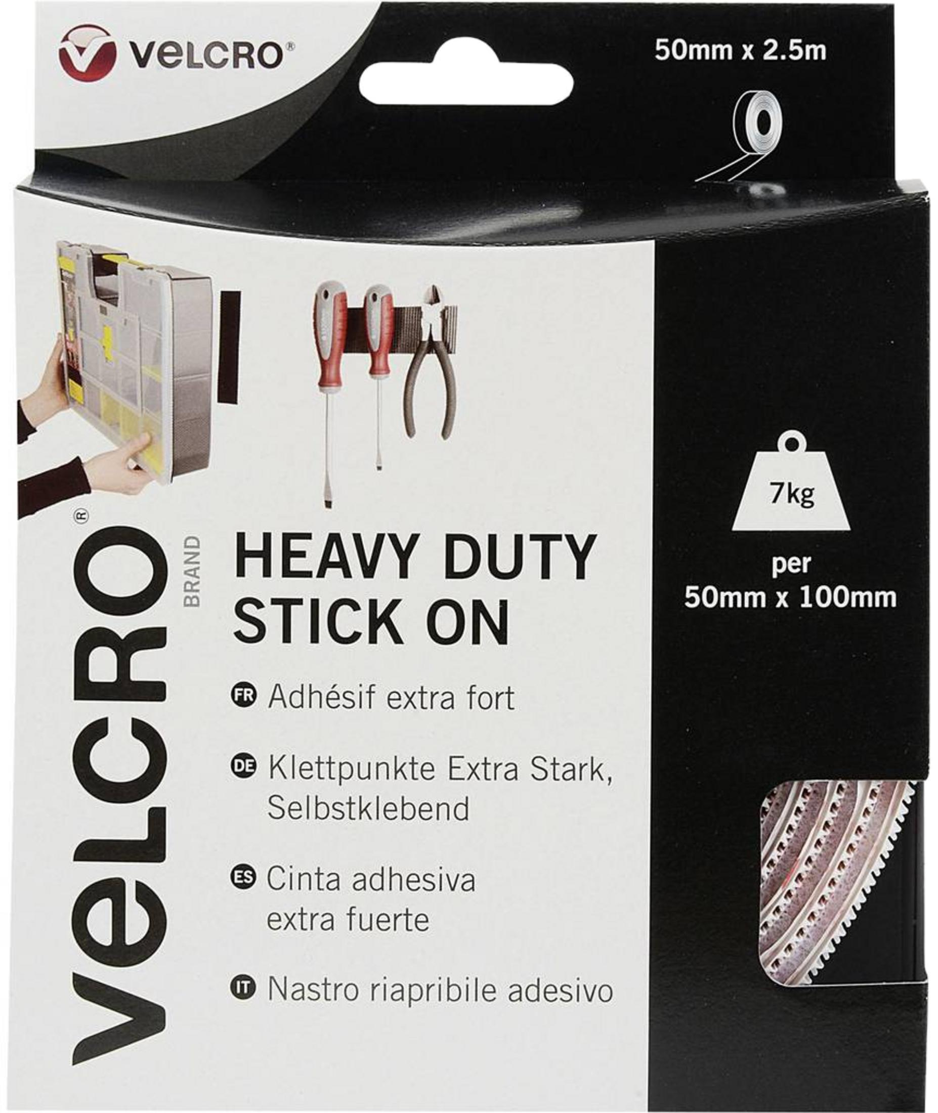VELCRO® Heavy Duty Stick On verpakking met gereedschap en rollen.
