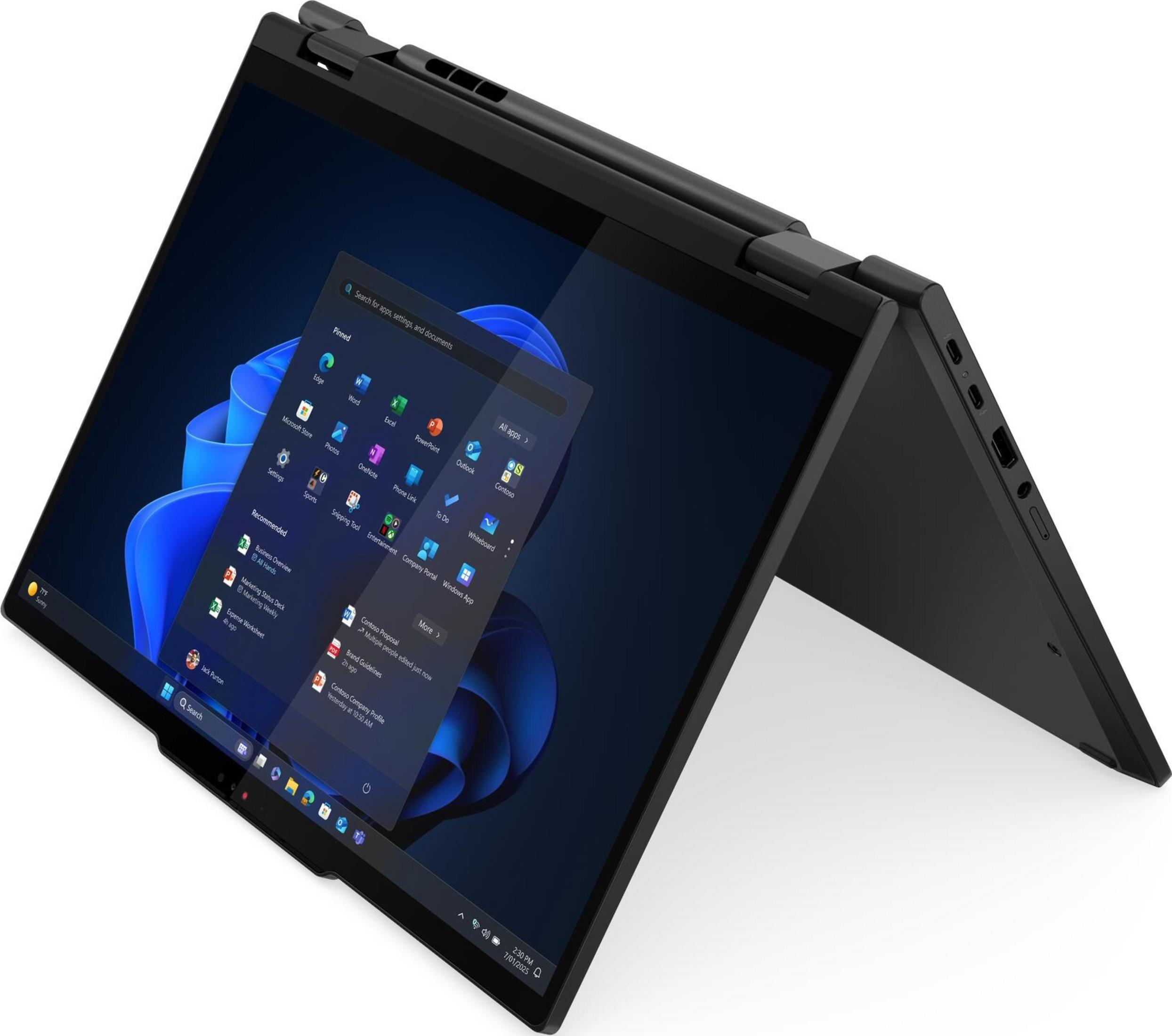 Ein schwarzes Convertible-Laptop mit geöffnetem Bildschirm, der Windows 11 anzeigt.