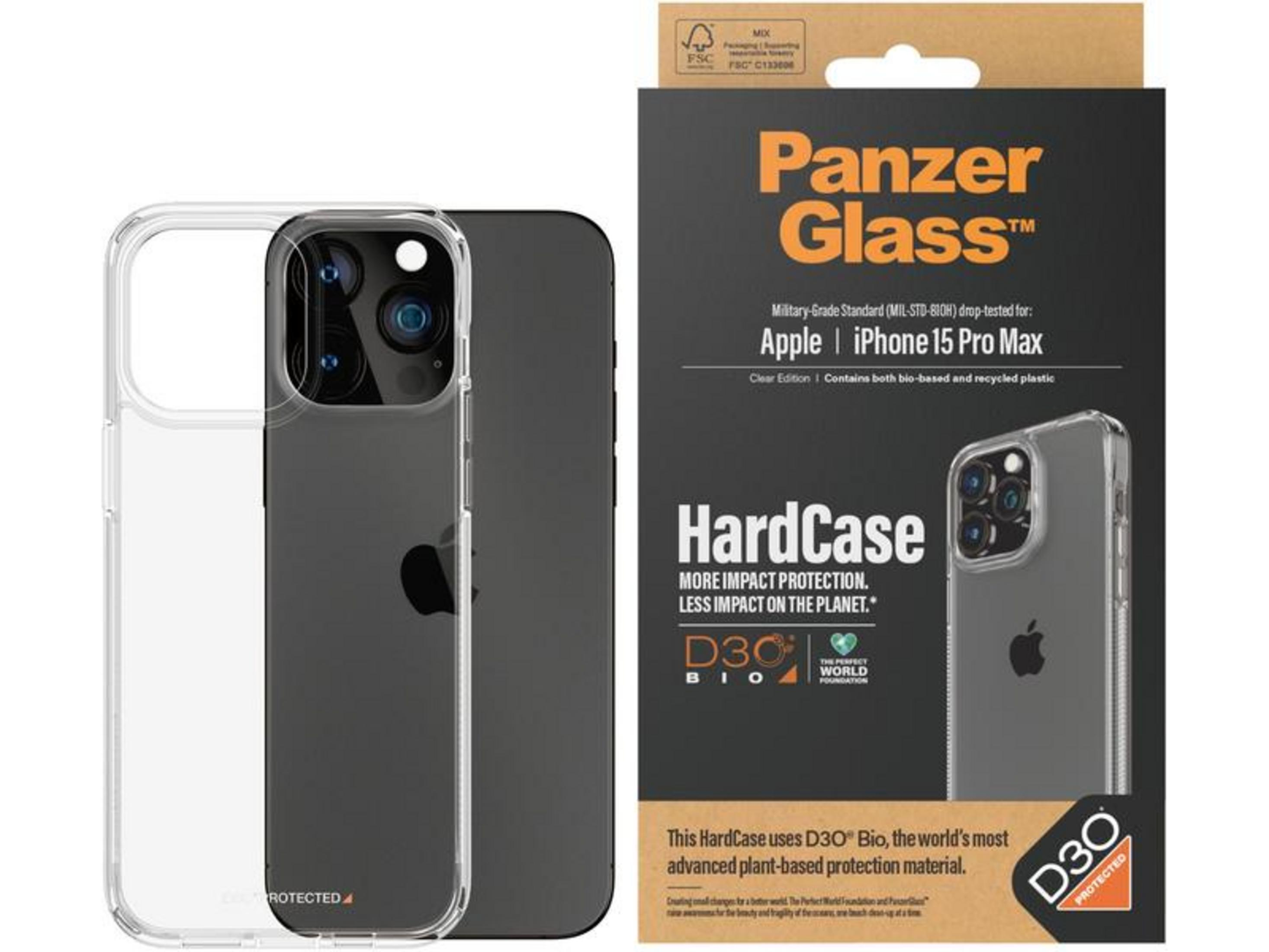 Ein durchsichtiger Handyhülle für das iPhone 15 Pro Max neben der Verpackung.