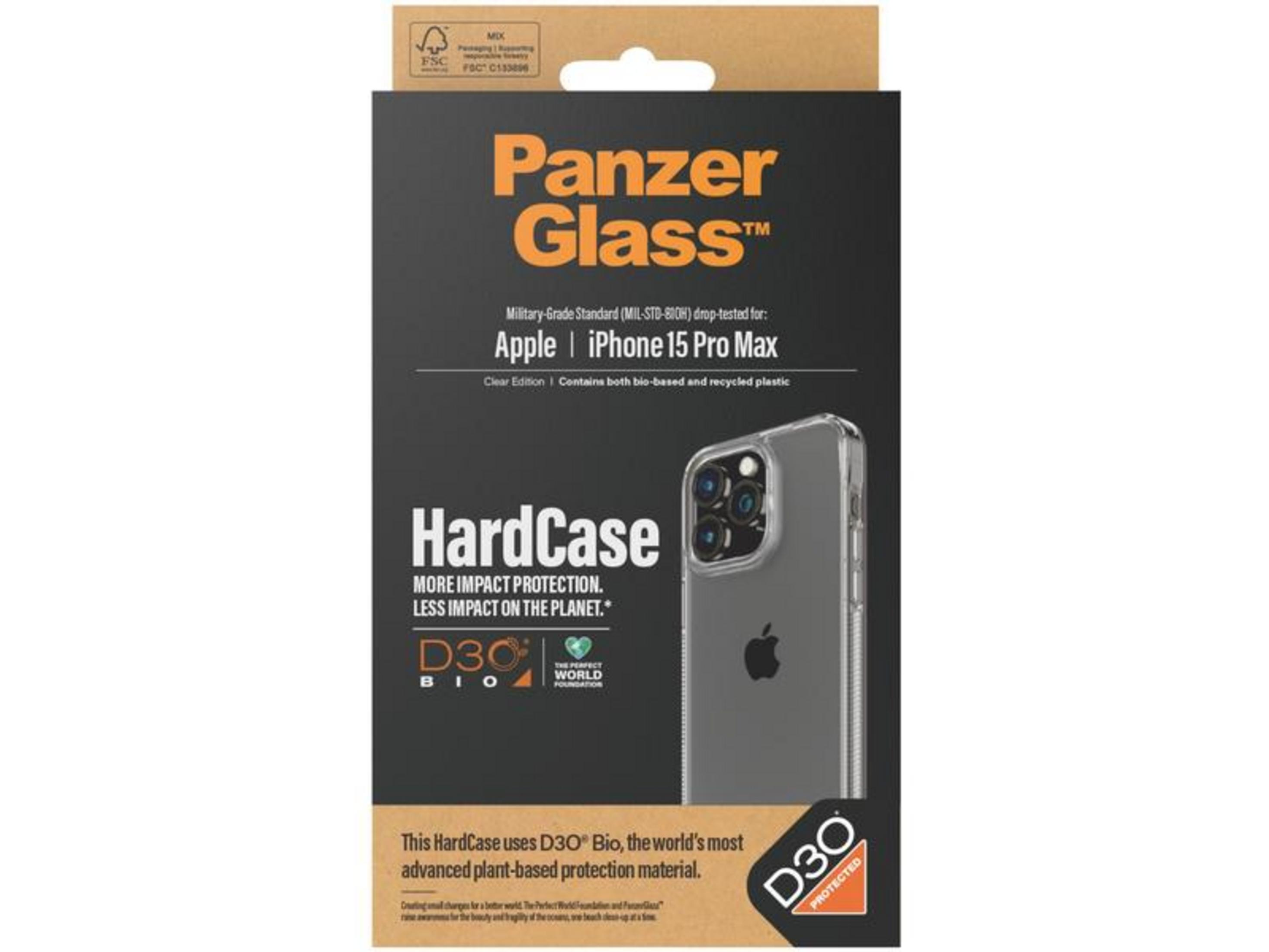 Verpackung für Panzer Glass HardCase für iPhone 15 Pro Max mit D3O Bio.