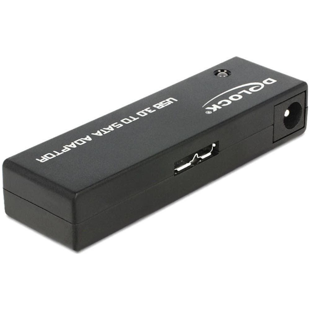 Czarny adapter USB 3.0 na SATA z logo DeLock i portami.