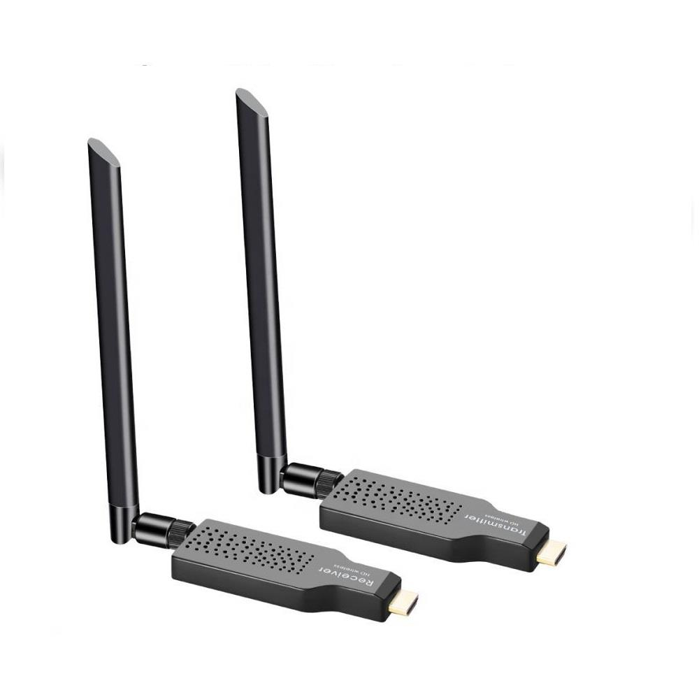 Antenli iki siyah HDMI kablosuz adaptör, alıcı ve verici.