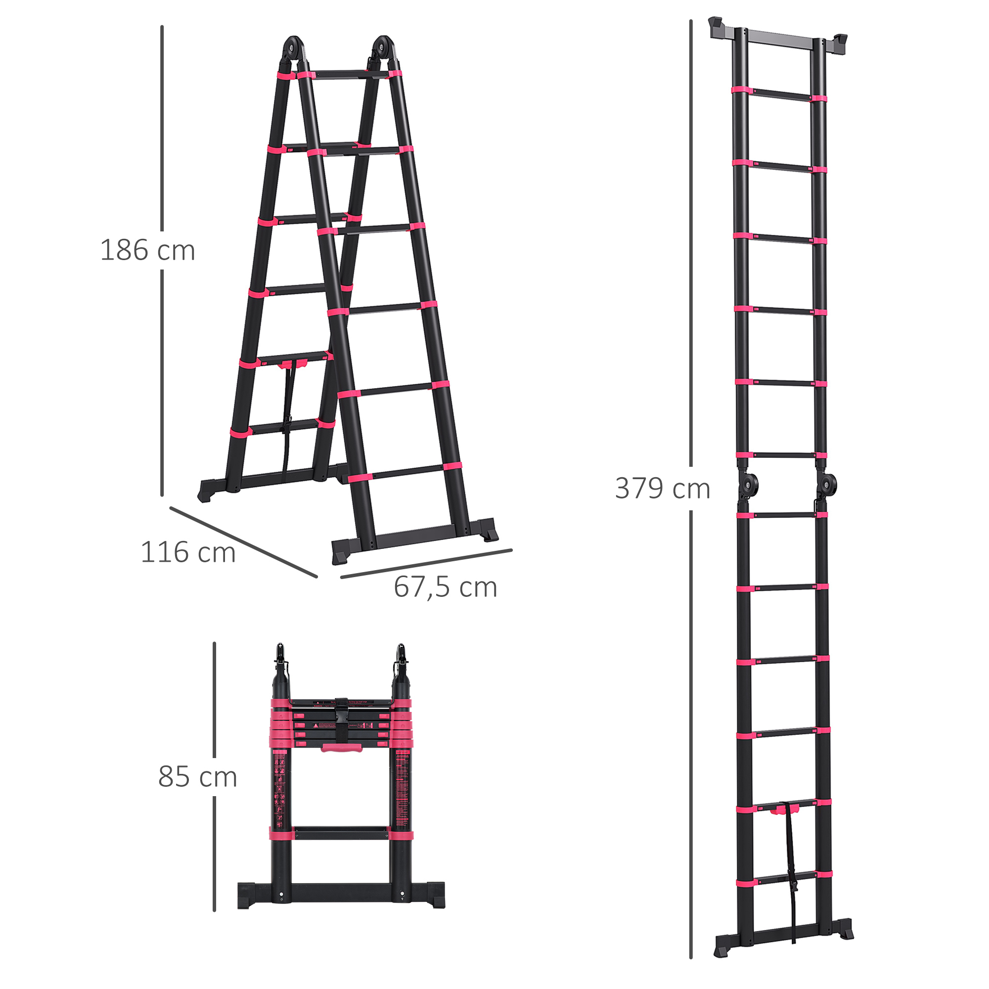 Una escalera negra plegable con acentos rosas en tres configuraciones.