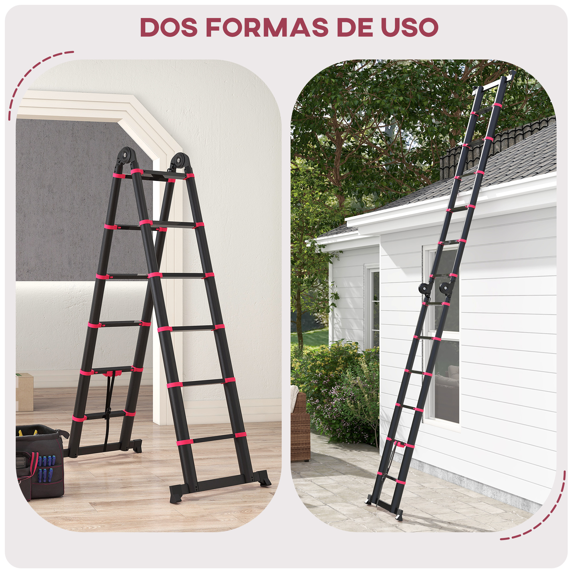 Escalera negra con detalles rosas, mostrada en interior y exterior de casa.