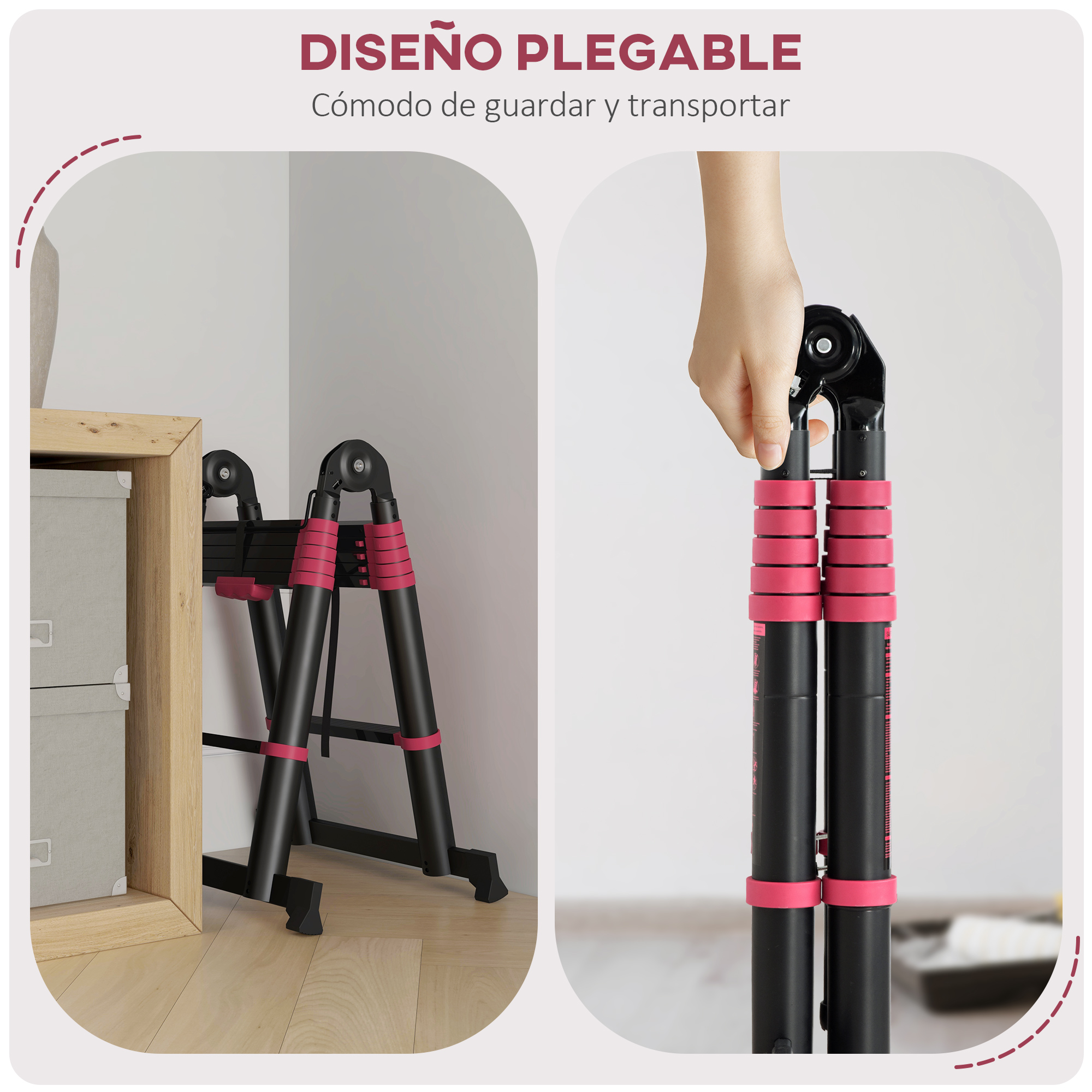 Una mano sujeta una escalera plegada negra con detalles rosas.