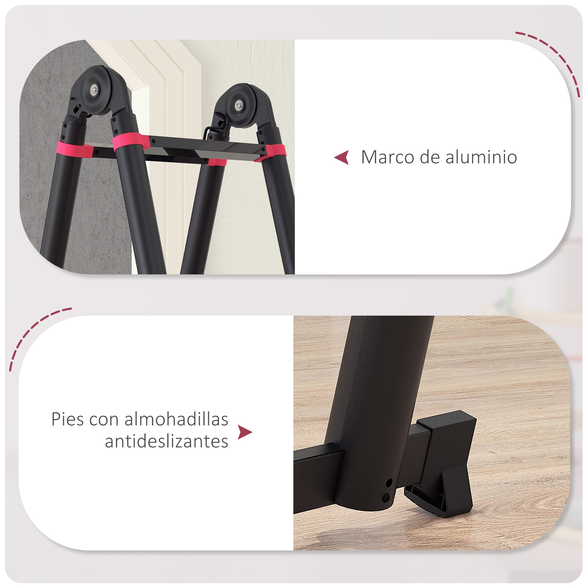 Partes de escalera negras con detalles rosas y pies antideslizantes.