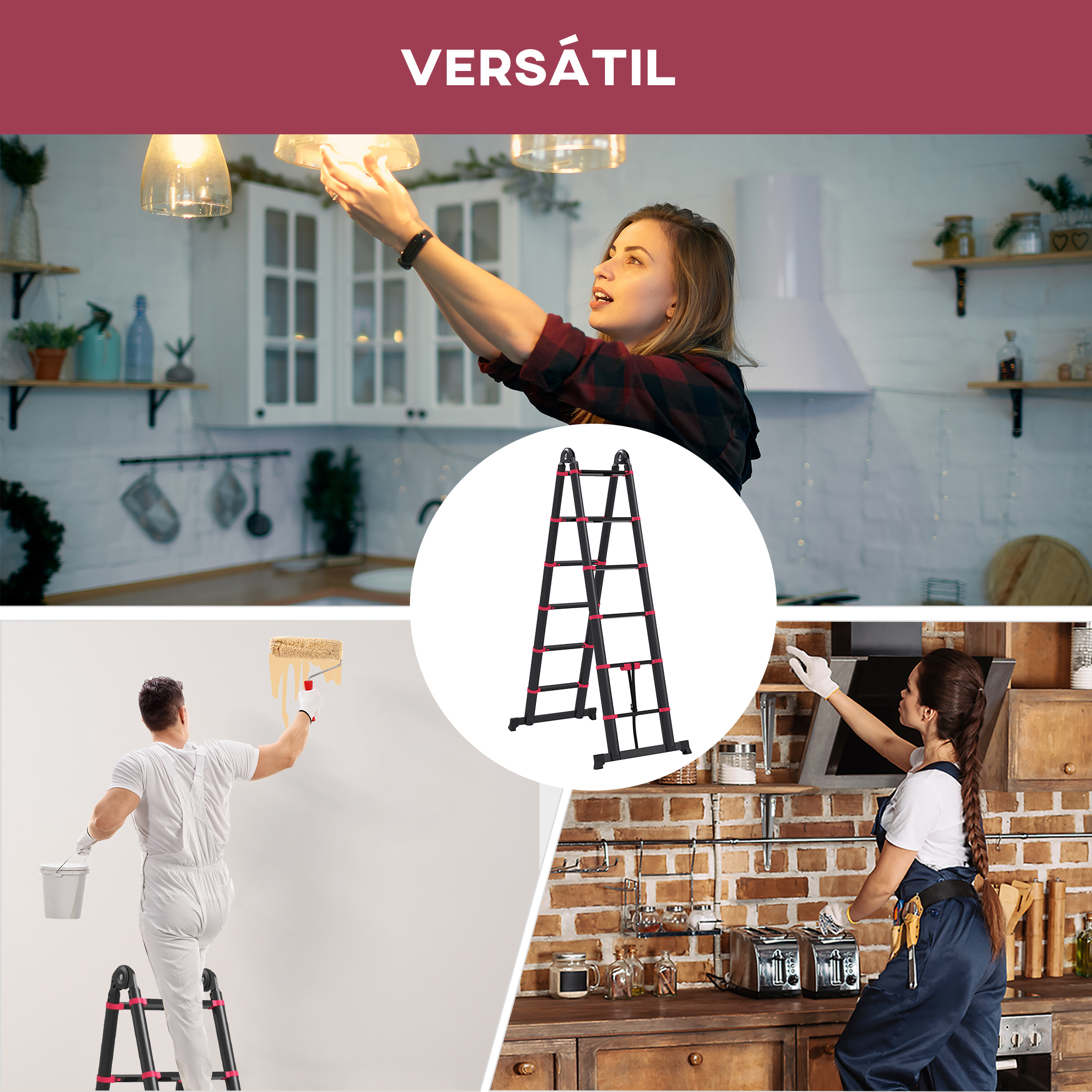 Mujer cambiando bombillas, hombre pintando, escalera, mujer reparando campana. Versátil.