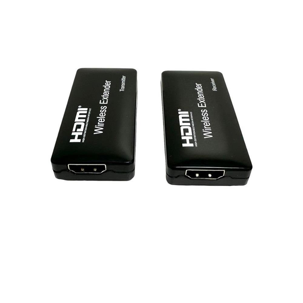 İki siyah HDMI kablosuz genişletici, verici ve alıcı, beyaz üzerinde.