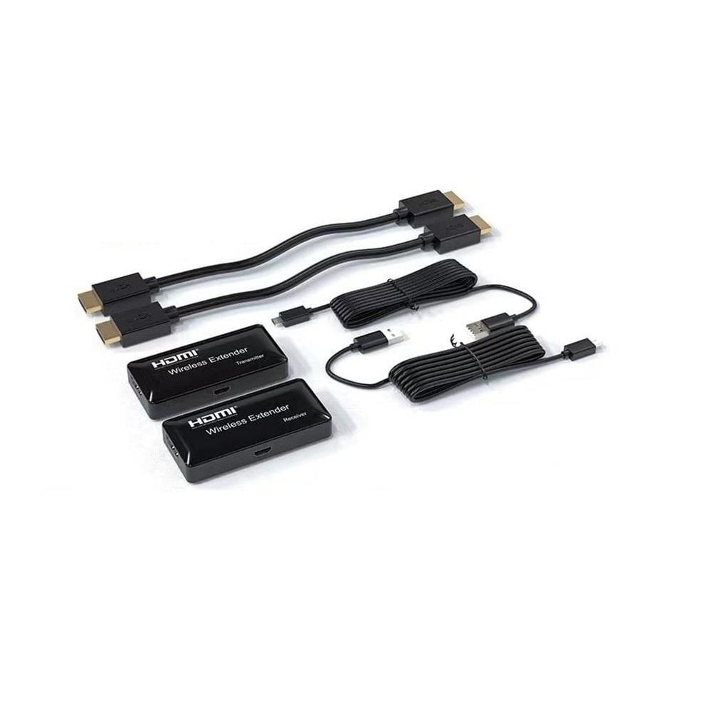 İki siyah HDMI Kablosuz Genişletici, verici ve alıcı, kablolarla birlikte.