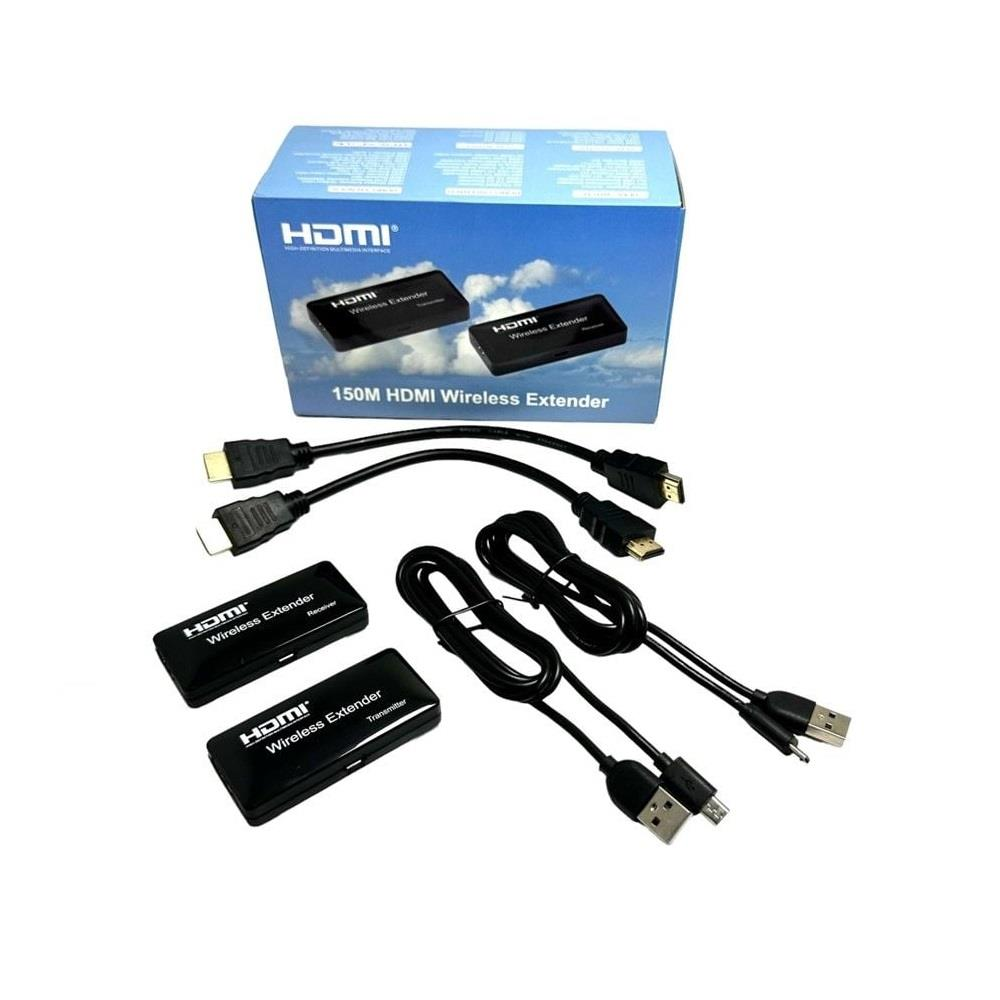 HDMI Kablosuz Genişletici seti verici, alıcı ve kablolarla birlikte.