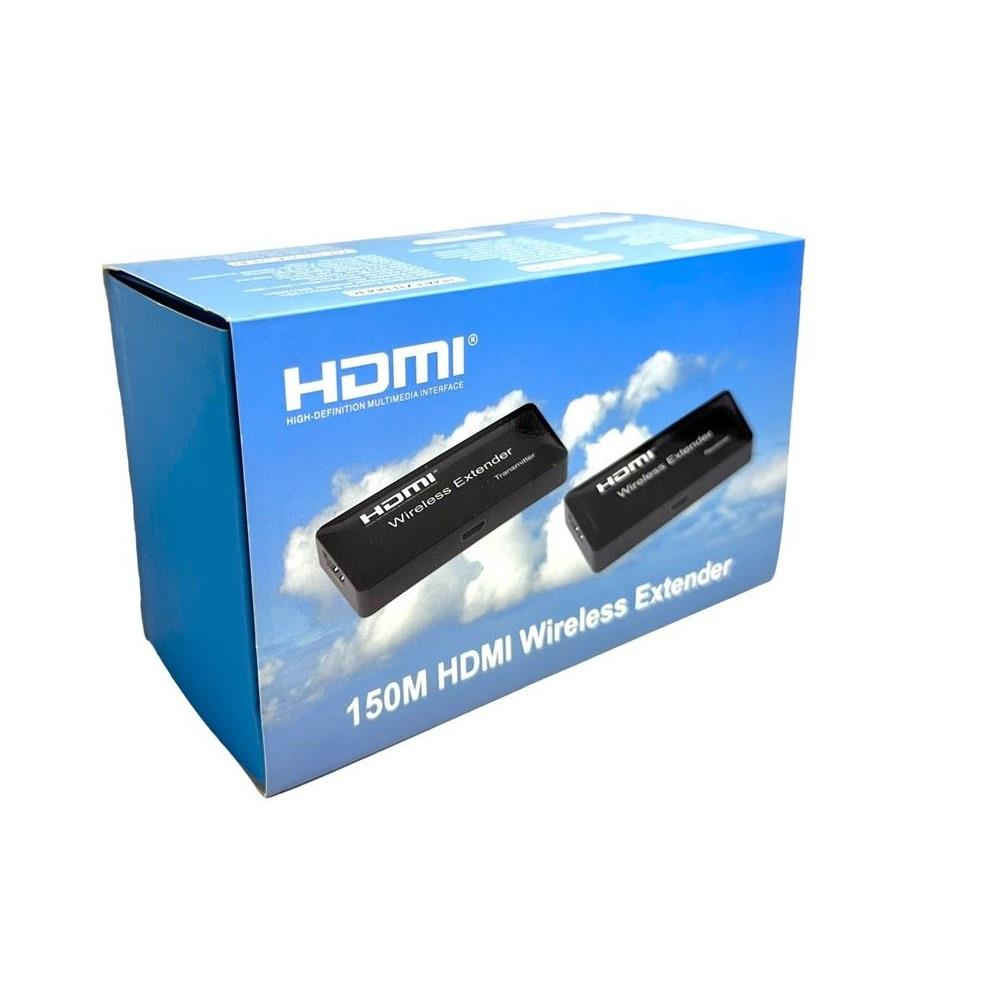 İki cihazlı HDMI Kablosuz Genişletici kutusu, mavi gökyüzü arka planı üzerinde.