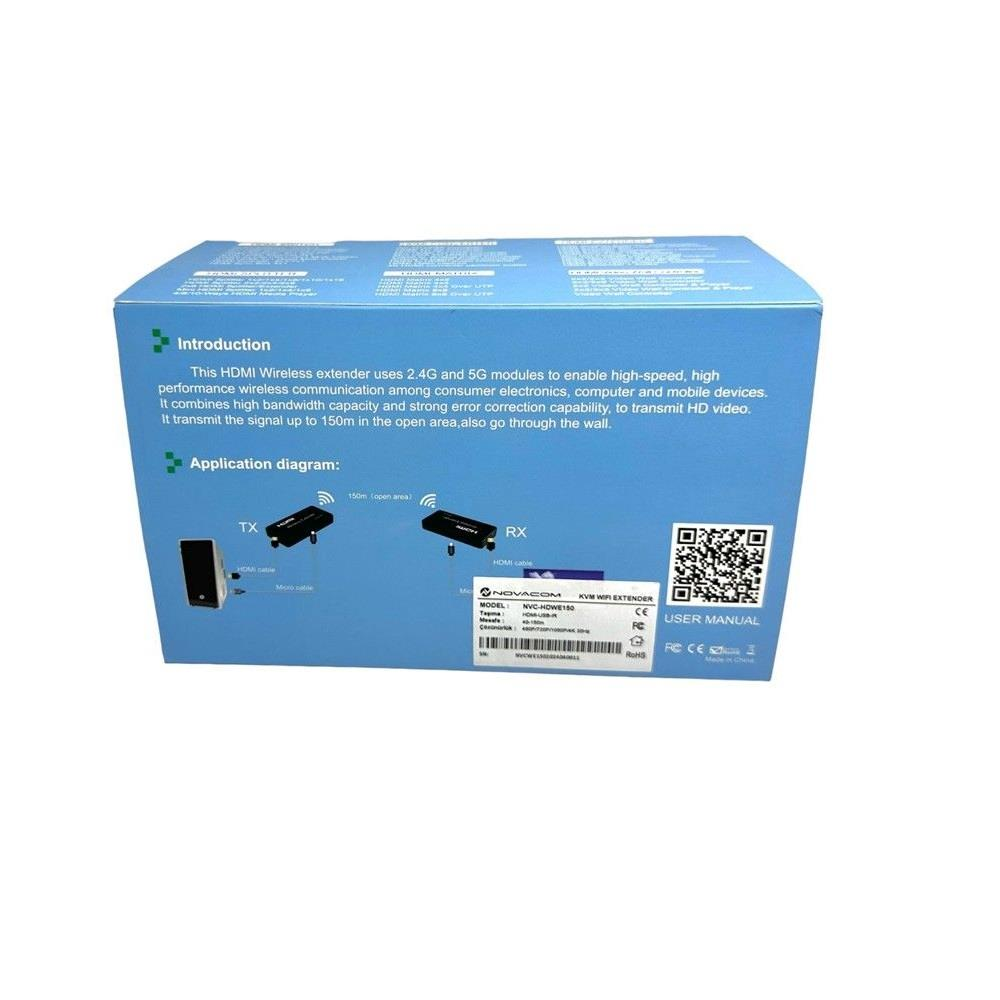 HDMI kablosuz genişletici paketi, TX/RX diyagramı ve cihaz bilgileri.