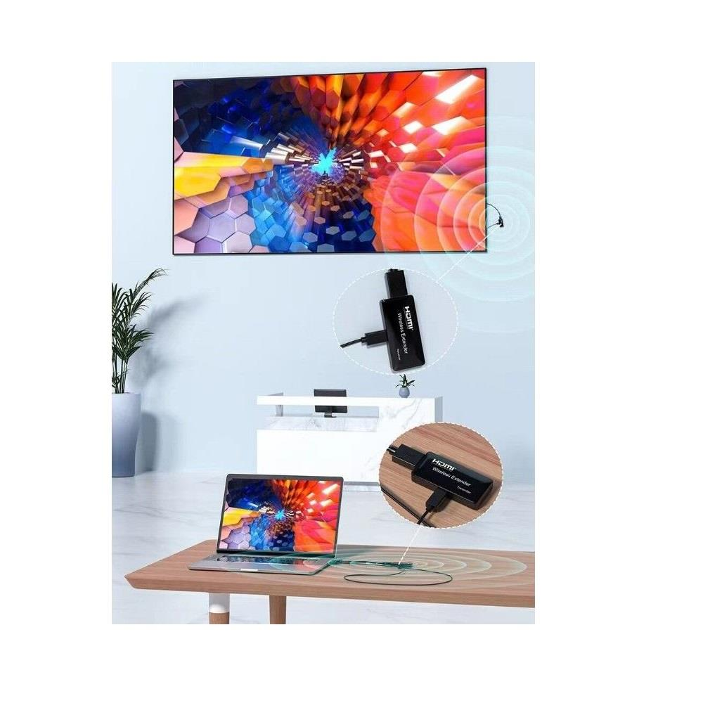 HDMI genişletici seti, dizüstü bilgisayardan TV'ye kablosuz aktarımı gösteriyor.