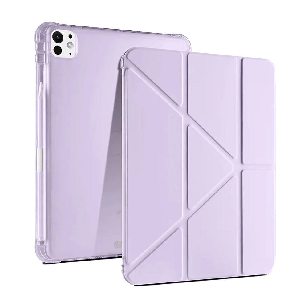 Şeffaf kılıflı ve katlanmış kapaklı mor tablet.
