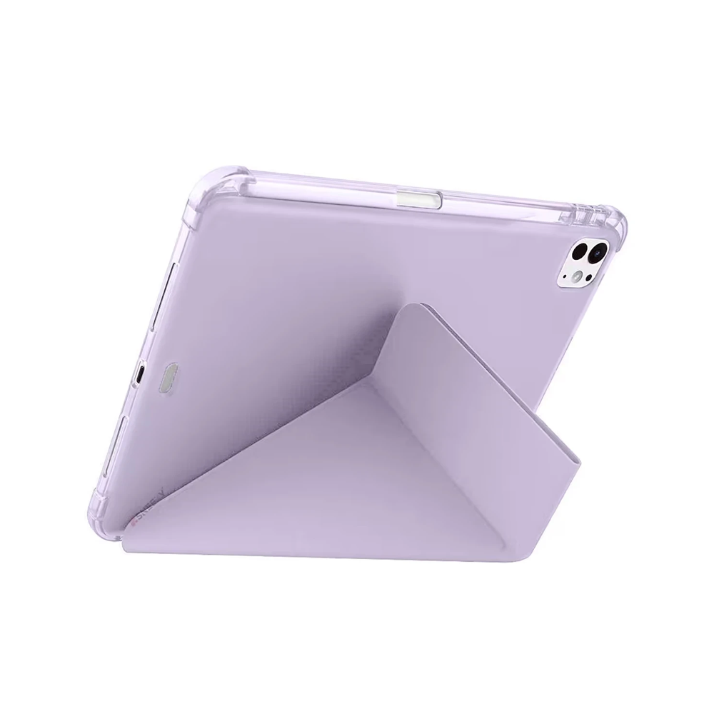 Yan taraftan gösterilen, şeffaf kılıflı ve dahili stantlı açık mor tablet.