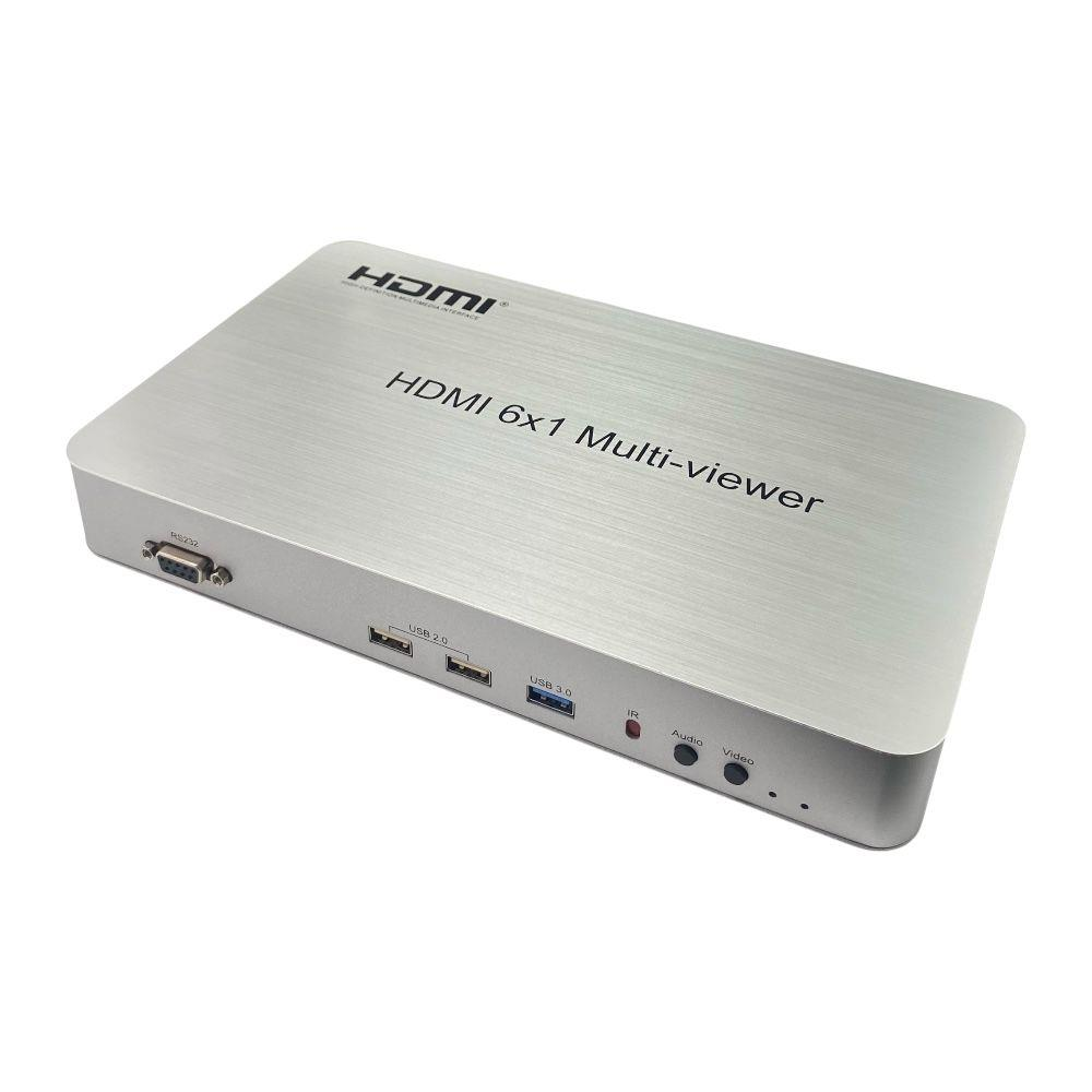 RS232, USB 2.0 ve USB 3.0 portlu gümüş renkli HDMI 6x1 Çoklayıcı.