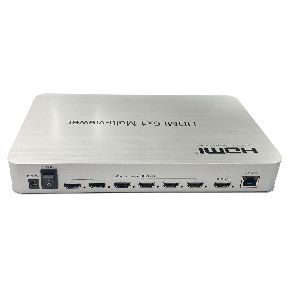 Gümüş rengi HDMI 6x1 Çoklu Görüntüleyici; güç, HDMI girişleri, HDMI çıkışı ve Ethernet portları bulunur.