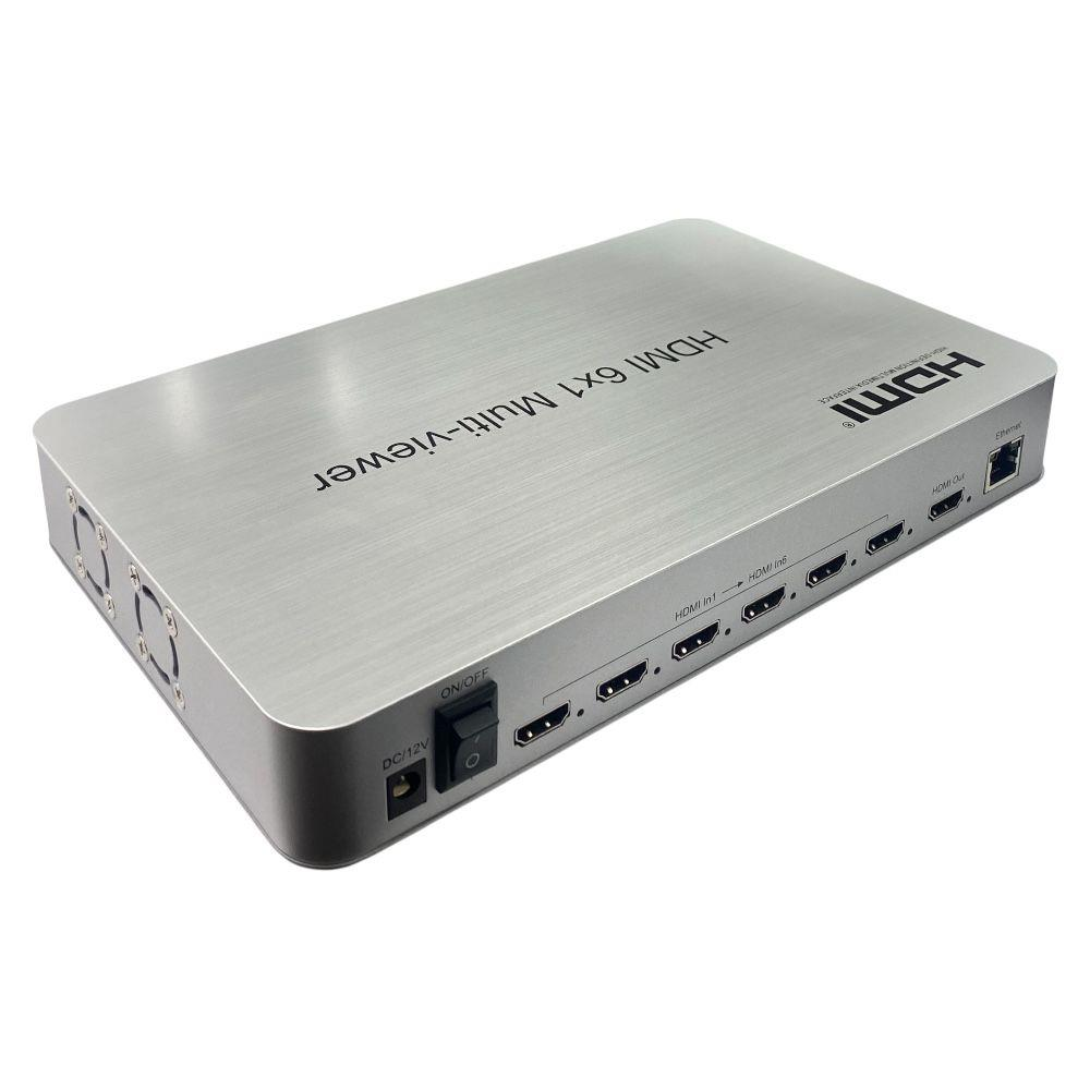 Gümüş HDMI 6x1 Çoklu Görüntüleyici, bağlantı noktaları ve anahtarlar.