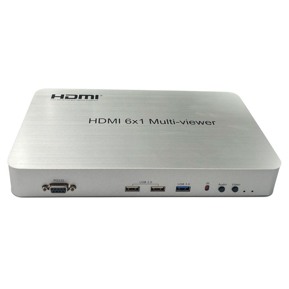 Gümüş renkli HDMI 6x1 Çoklayıcı cihaz, RS232, USB 2.0, USB 3.0, IR, Ses, Video bağlantı noktaları.