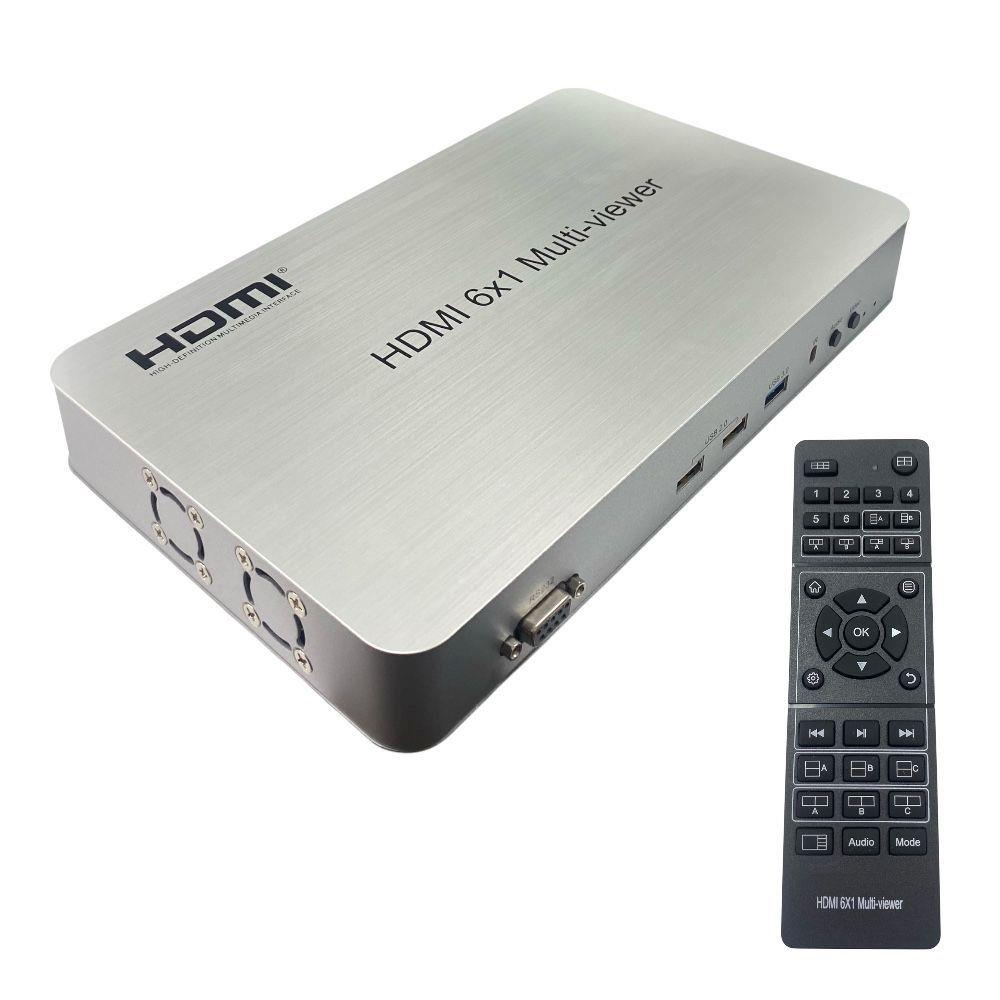 Beyaz arka plan üzerinde uzaktan kumandalı gümüş HDMI 6x1 Çoklu Görüntüleyici.