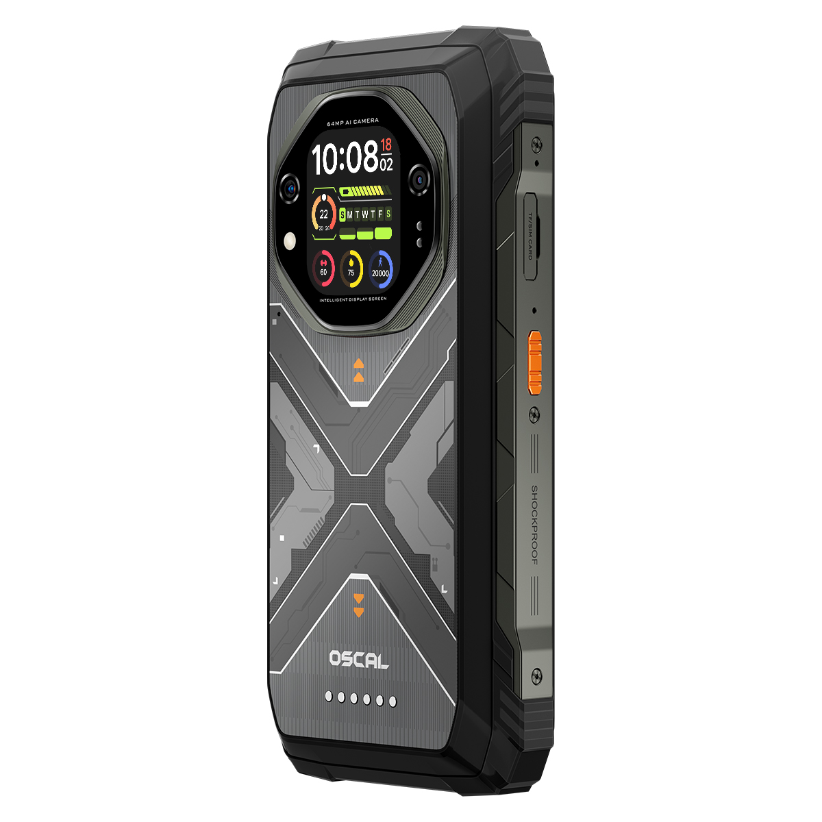 Smartphone robusto con display che mostra ora, data e batteria.