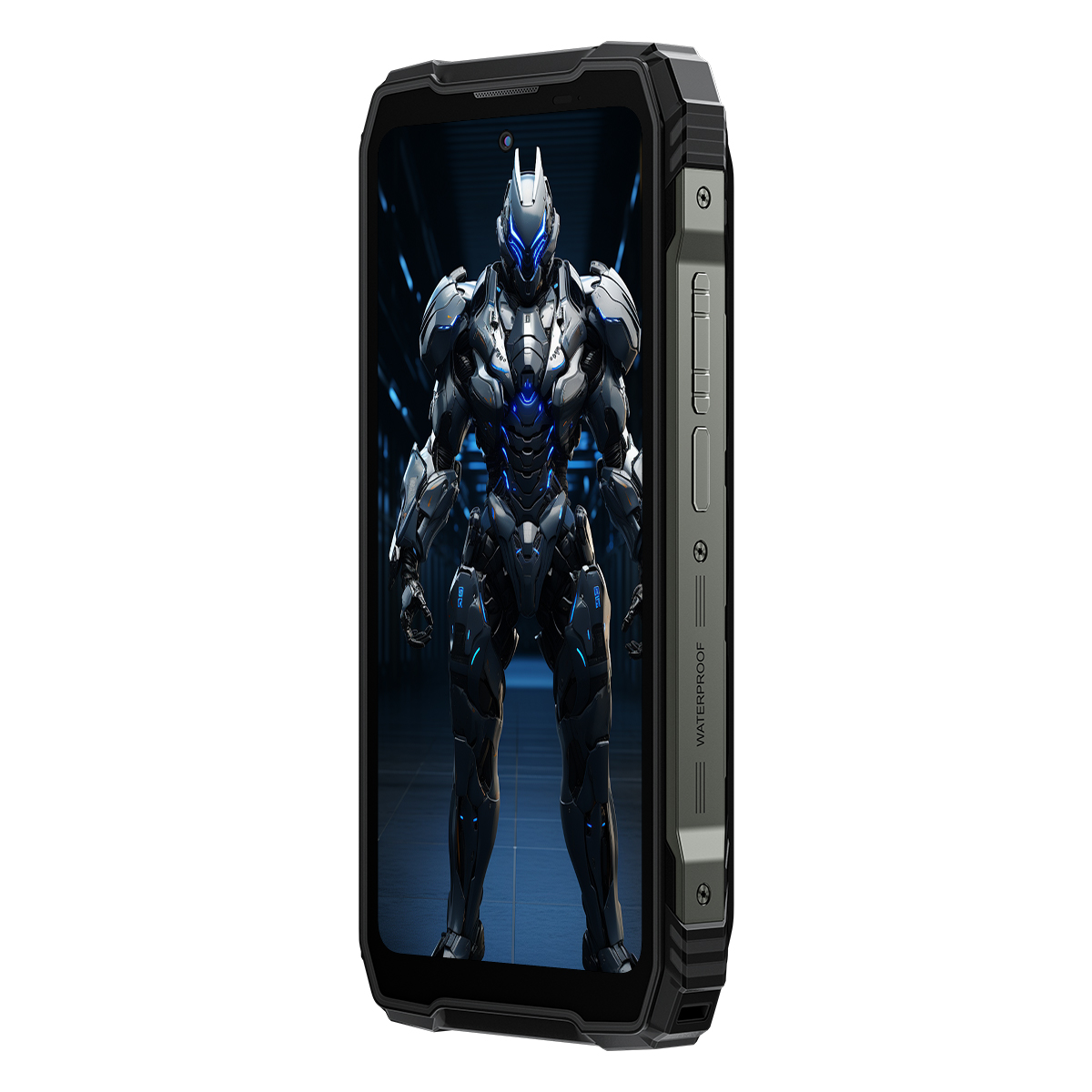 Uno smartphone robusto nero mostra un robot corazzato futuristico con accenti blu sul suo schermo, su uno sfondo scuro.