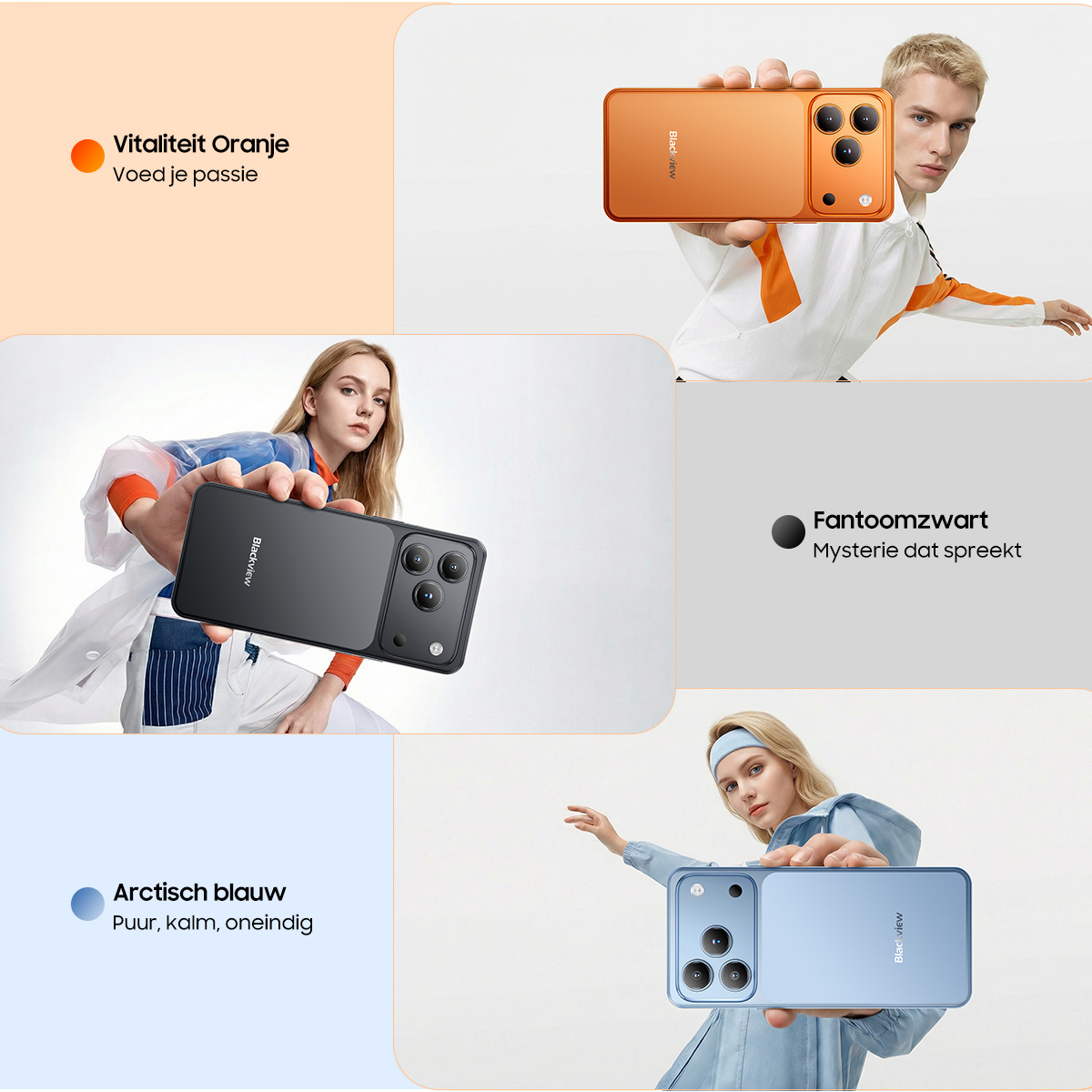 Drie personen presenteren smartphones in oranje, zwart en blauw.