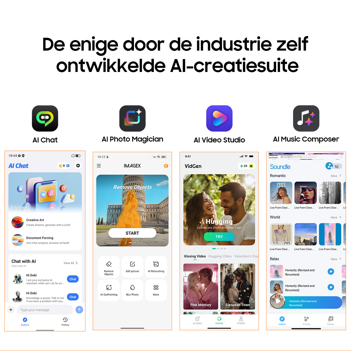 Vier AI-apps: Chat, Foto, Video, Muziek. Screenshots tonen gebruikersinterfaces.