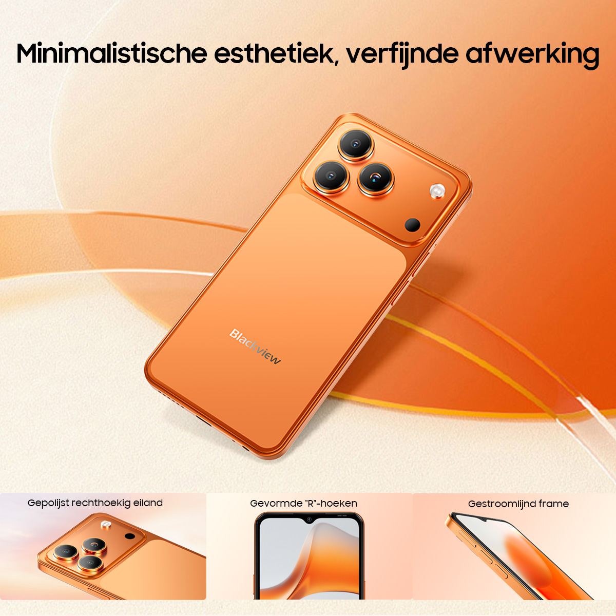 Oranje smartphone met drie camera's aan de achterkant, op een lichte achtergrond.