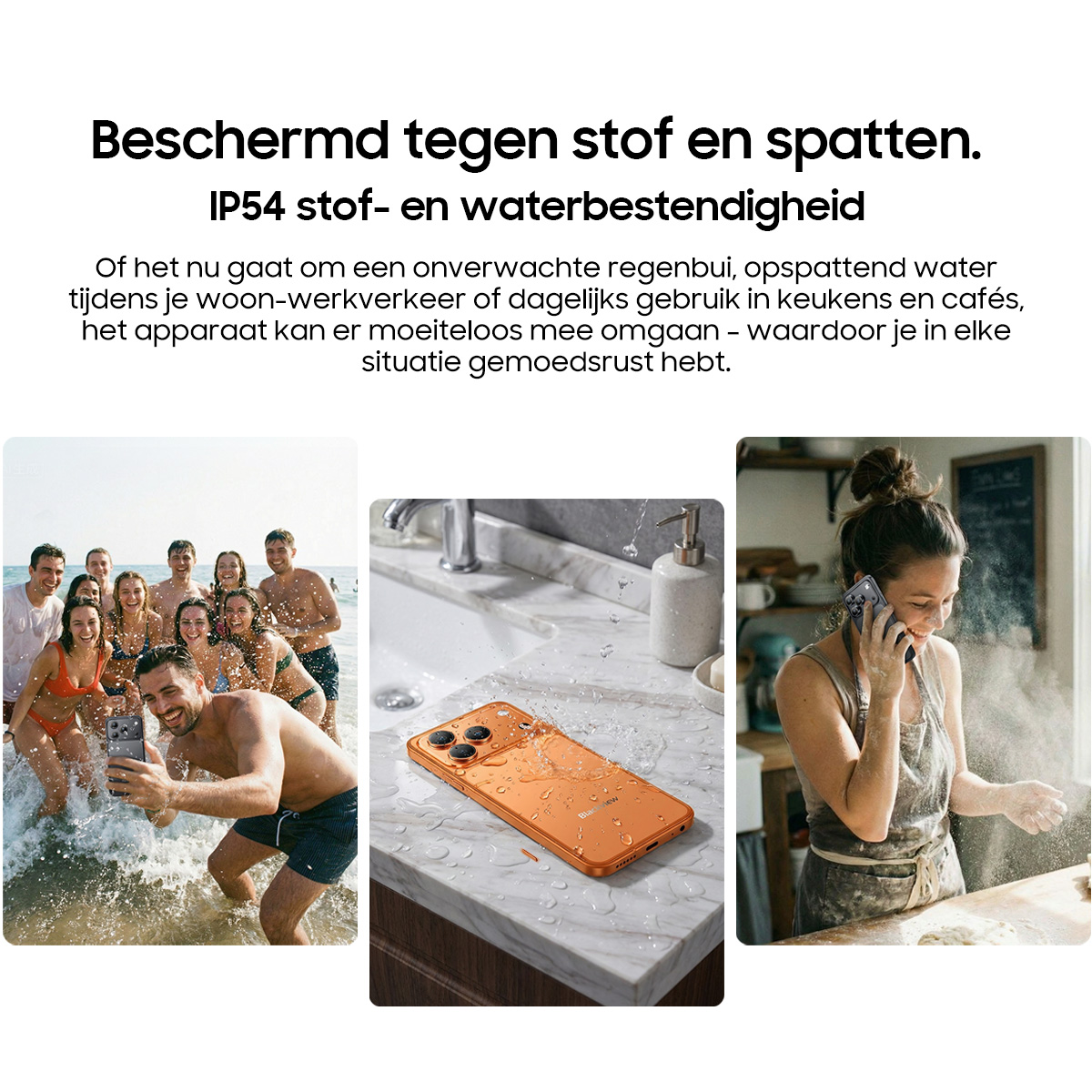 Groep op strand, telefoon op marmer, en vrouw bakt.