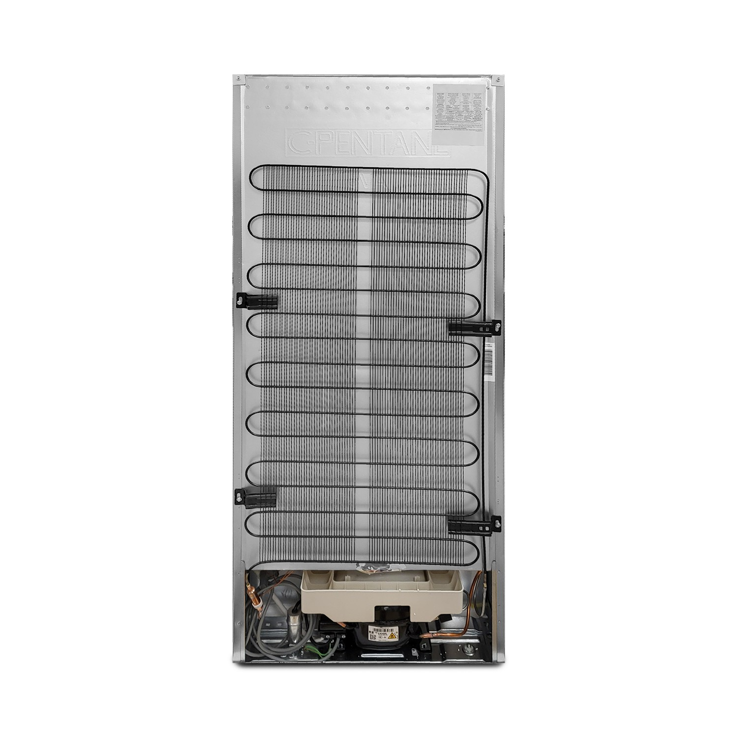 Tylna część lodówki przedstawia czarne wężownice skraplacza, beżową sprężarkę oraz różne przewody i rury na białym tle.