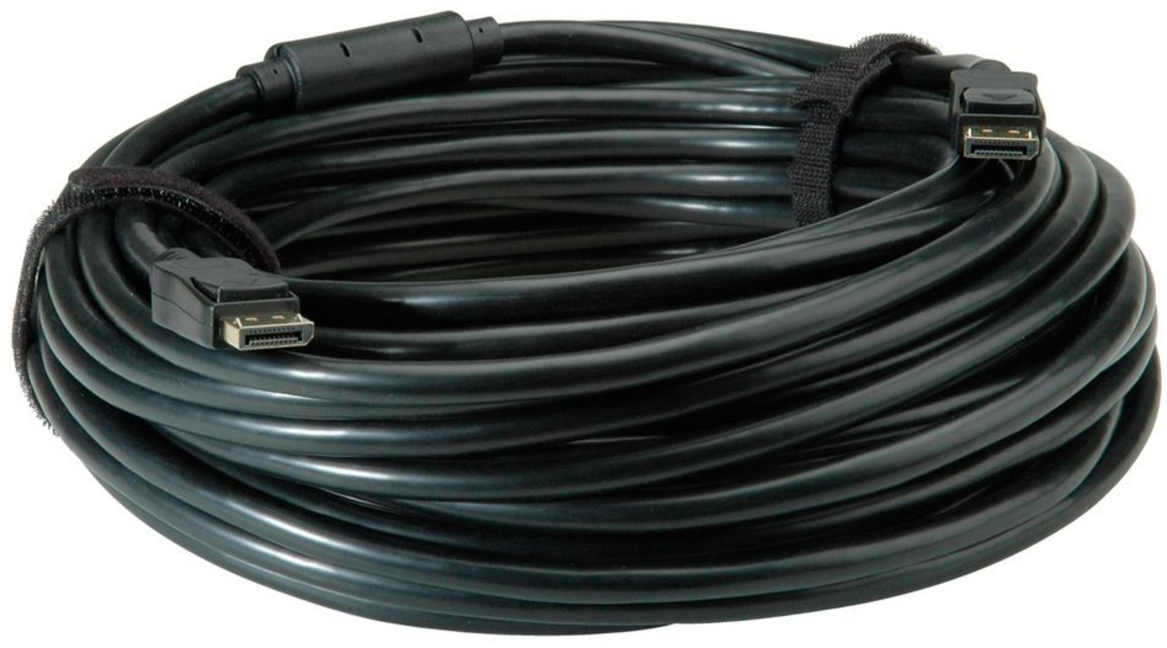 Black cable with DisplayPort connectors, coiled and secured with a Velcro strap.