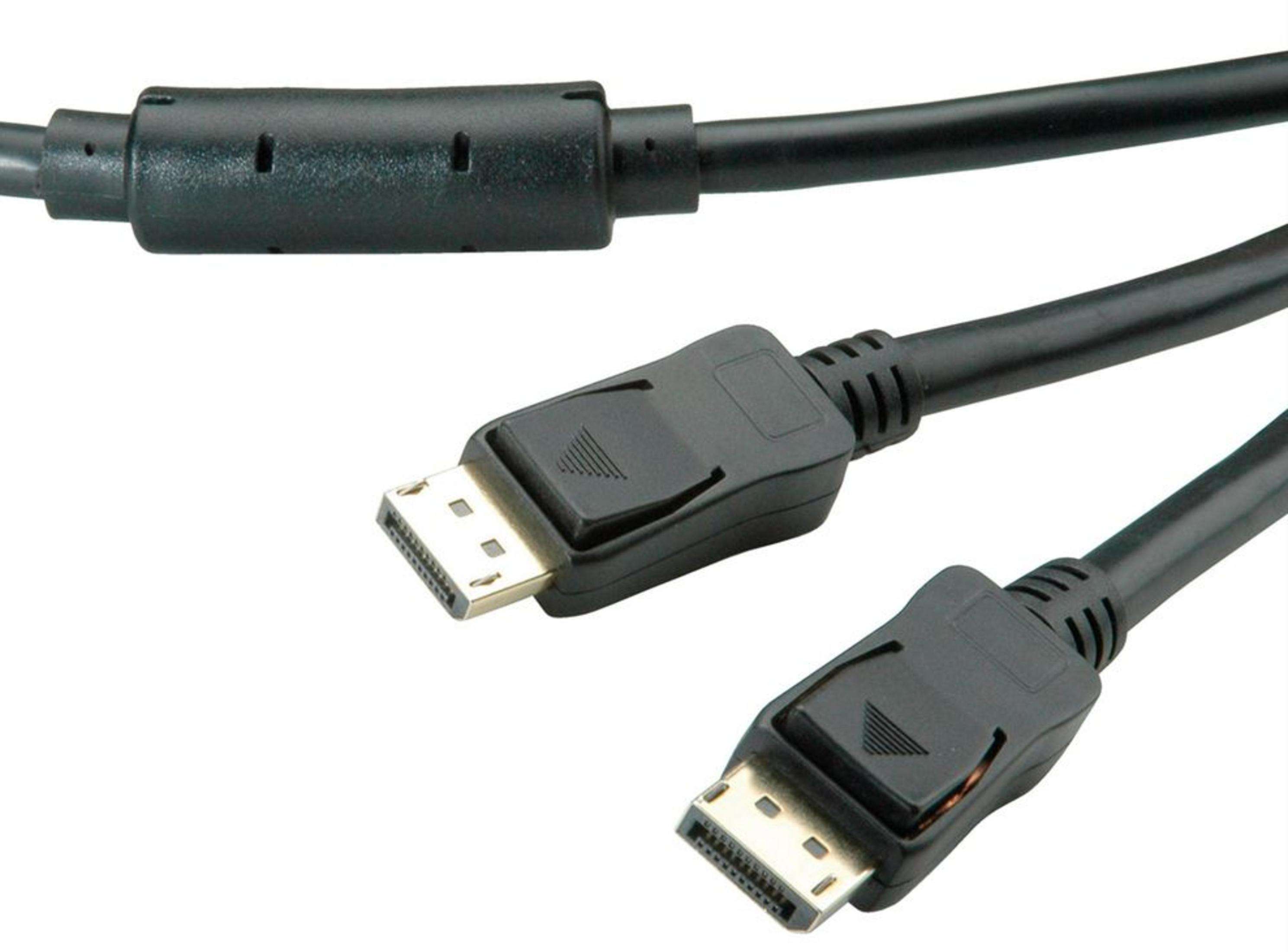 Two black DisplayPort cables with gold connectors lie on a white background.