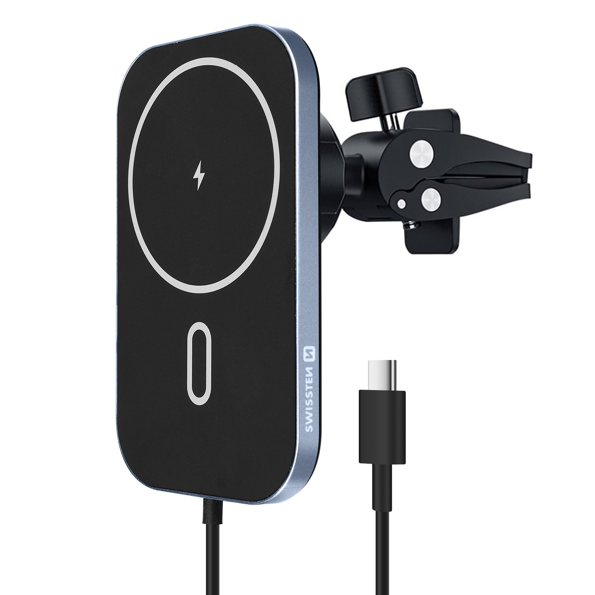 Schwarzes Lade- und Autohalterungs-Set mit USB-C-Kabel.