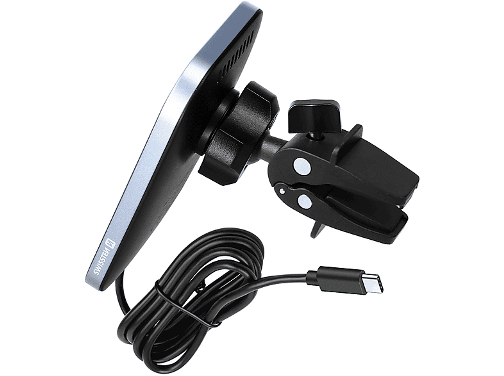 Ein schwarzer Autolüftungsklemmenhalter mit USB-C-Kabel und silberner Kante.