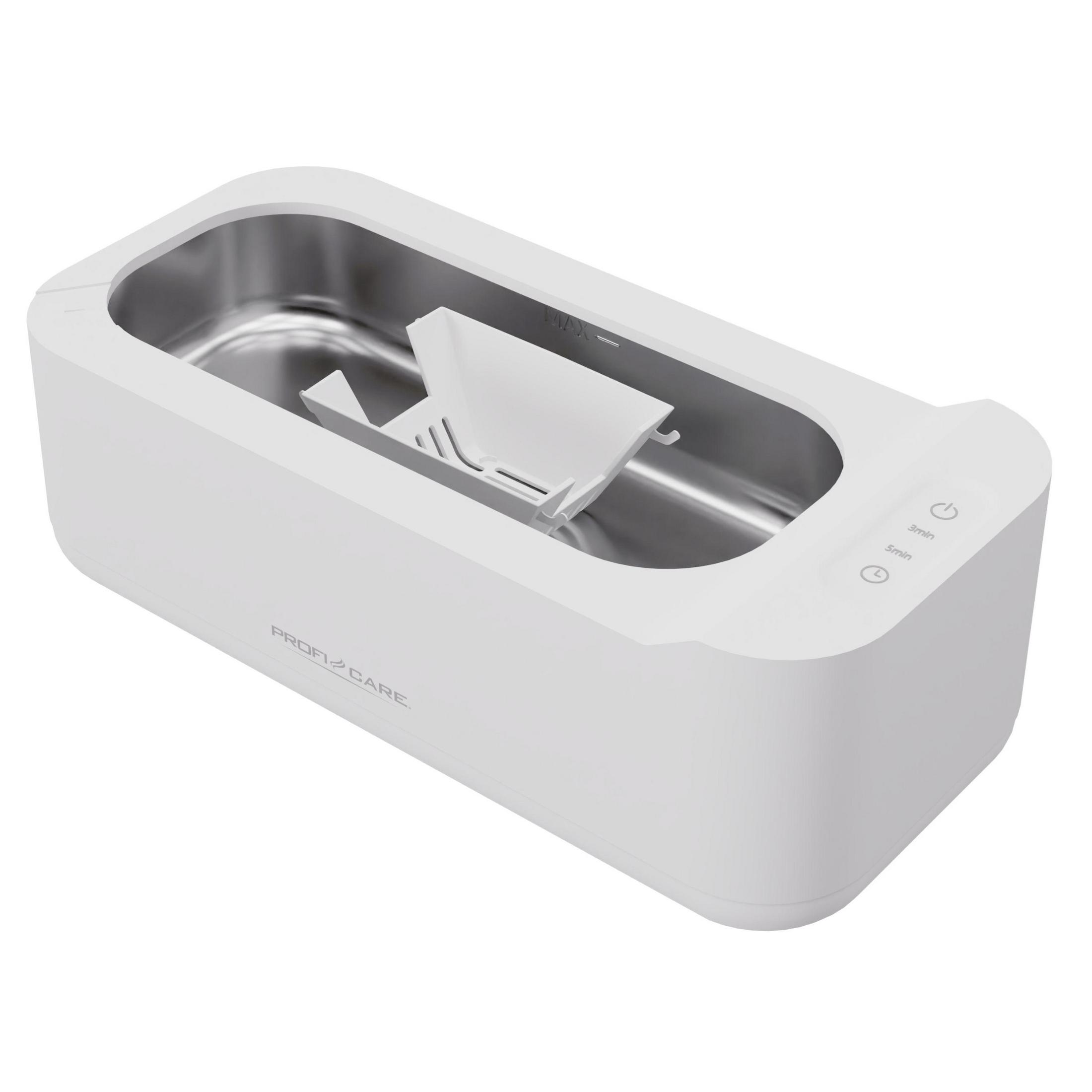 Biała myjka ultradźwiękowa ze stalową misą i przyciskami sterującymi.