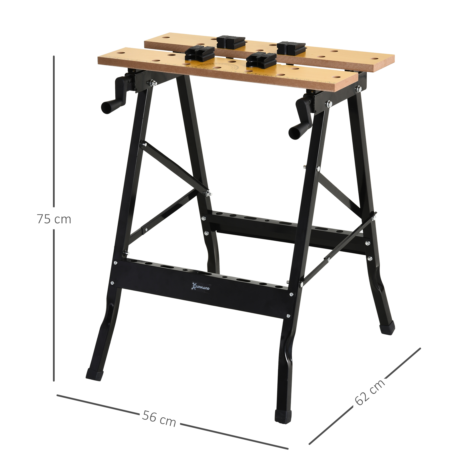 Un banco de trabajo plegable con patas de metal negro y tablero de madera.