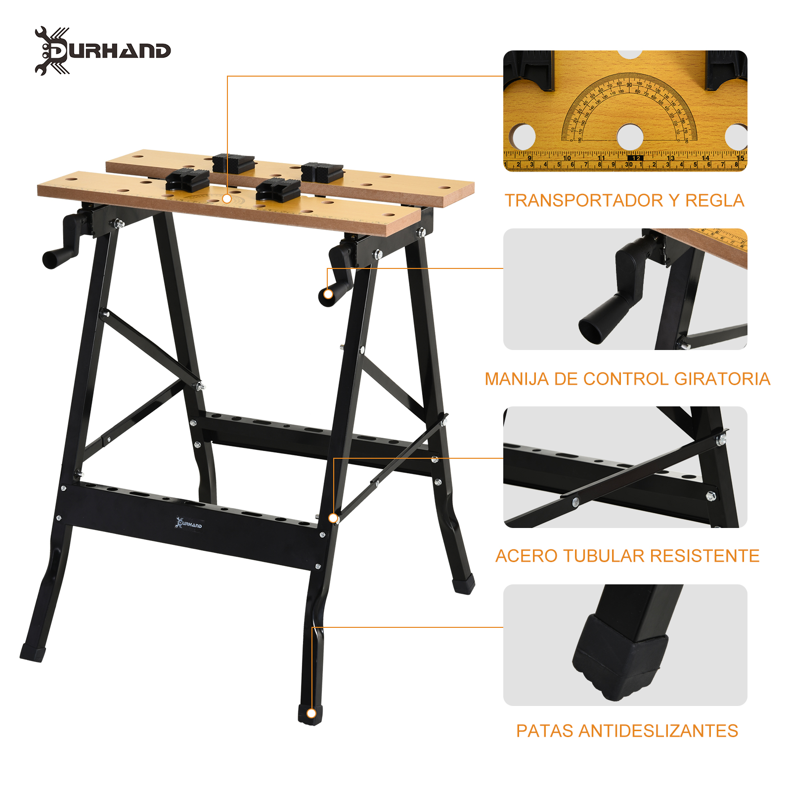 Banco de trabajo con patas metálicas negras y tablero de madera con transportador.