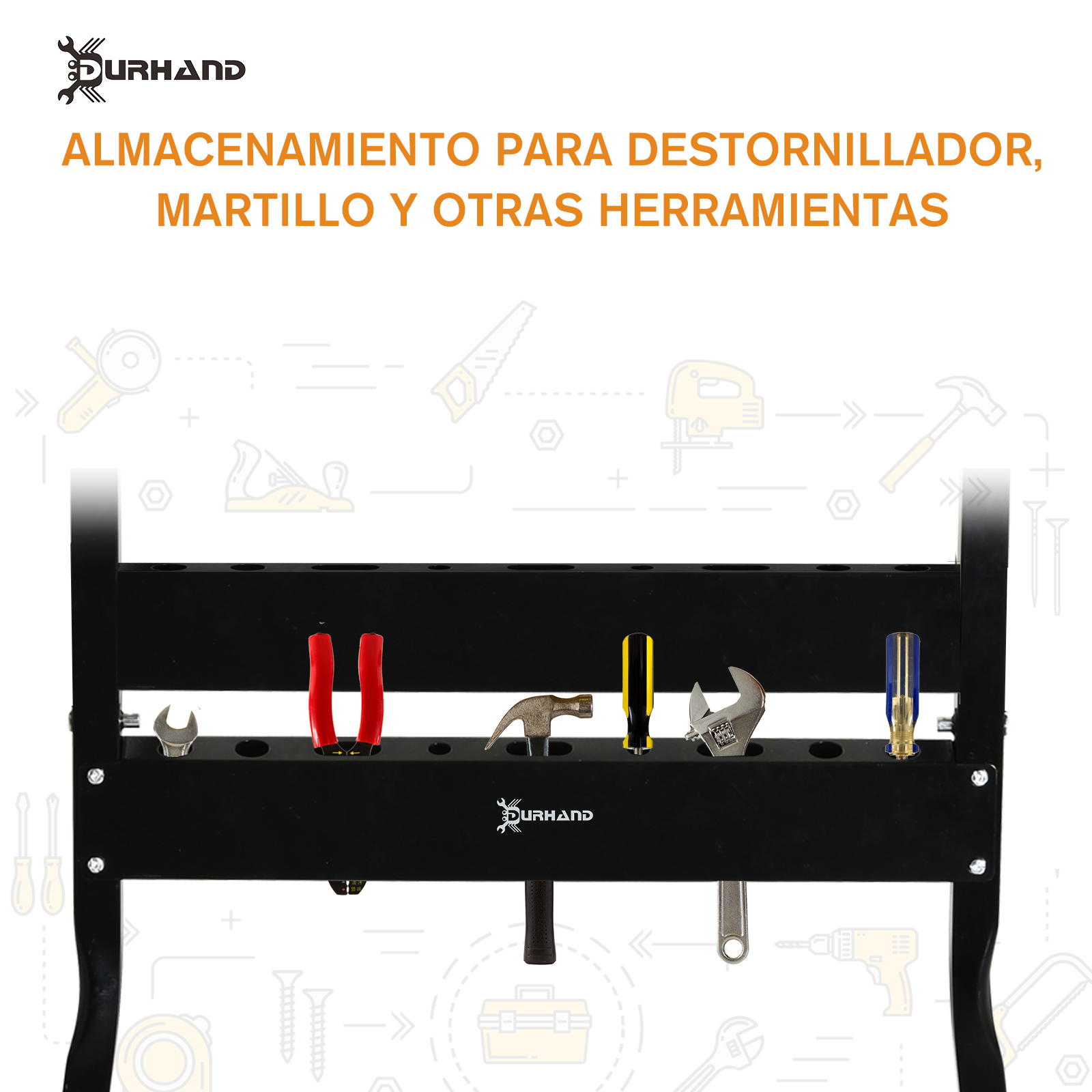 Estante negro para herramientas con alicates, martillo, destornillador y llaves.
