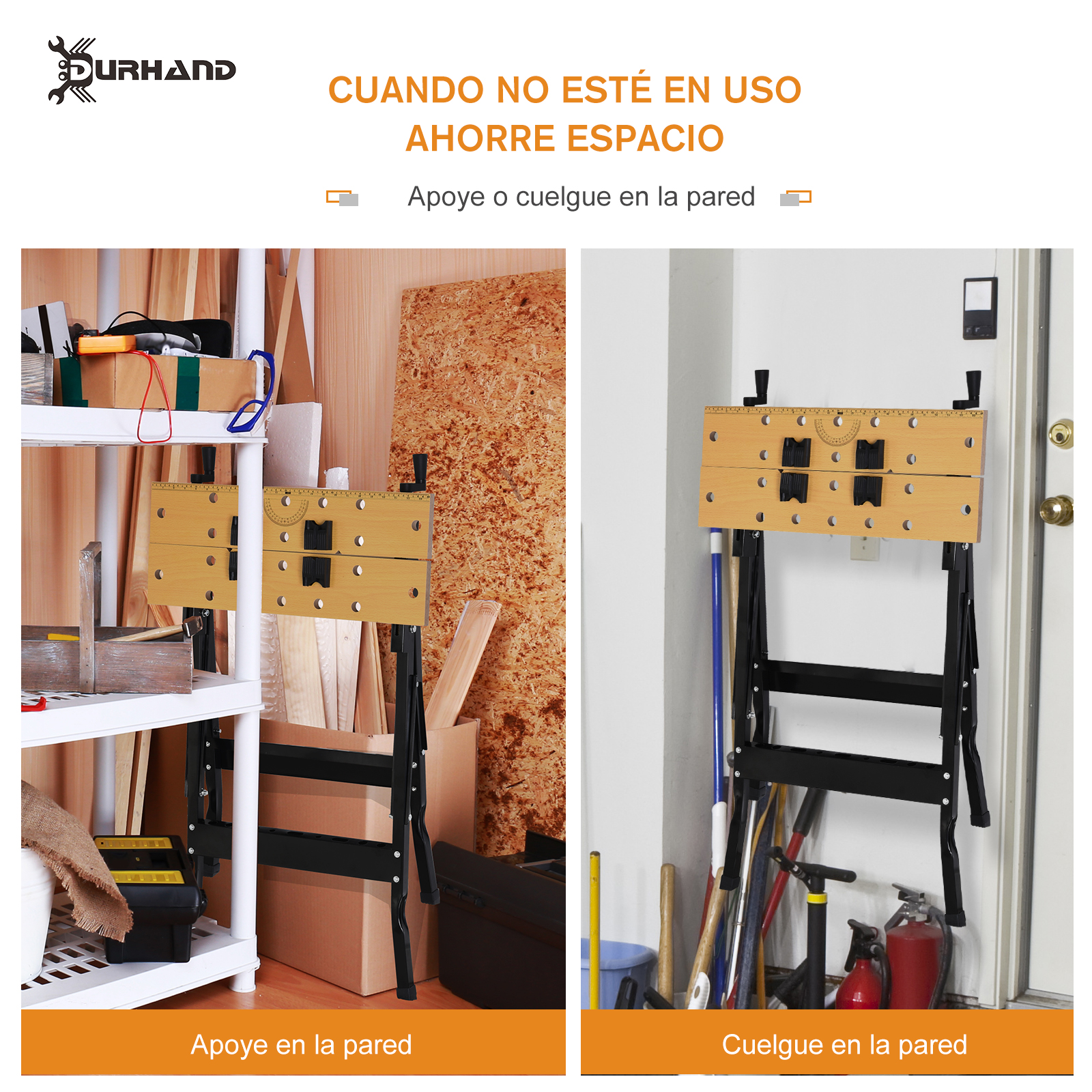 Banco de trabajo vertical y fijado a la pared; herramientas al fondo.