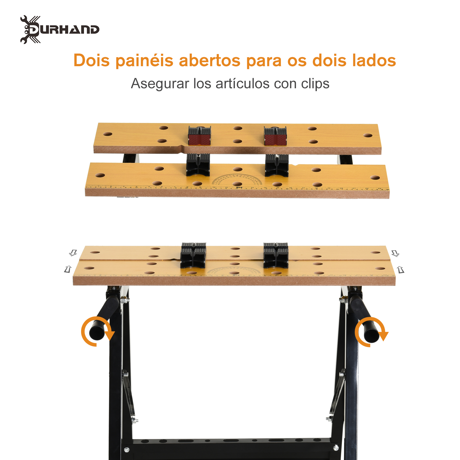 Dos bancos de trabajo de apertura lateral con clips para sujetar artículos.