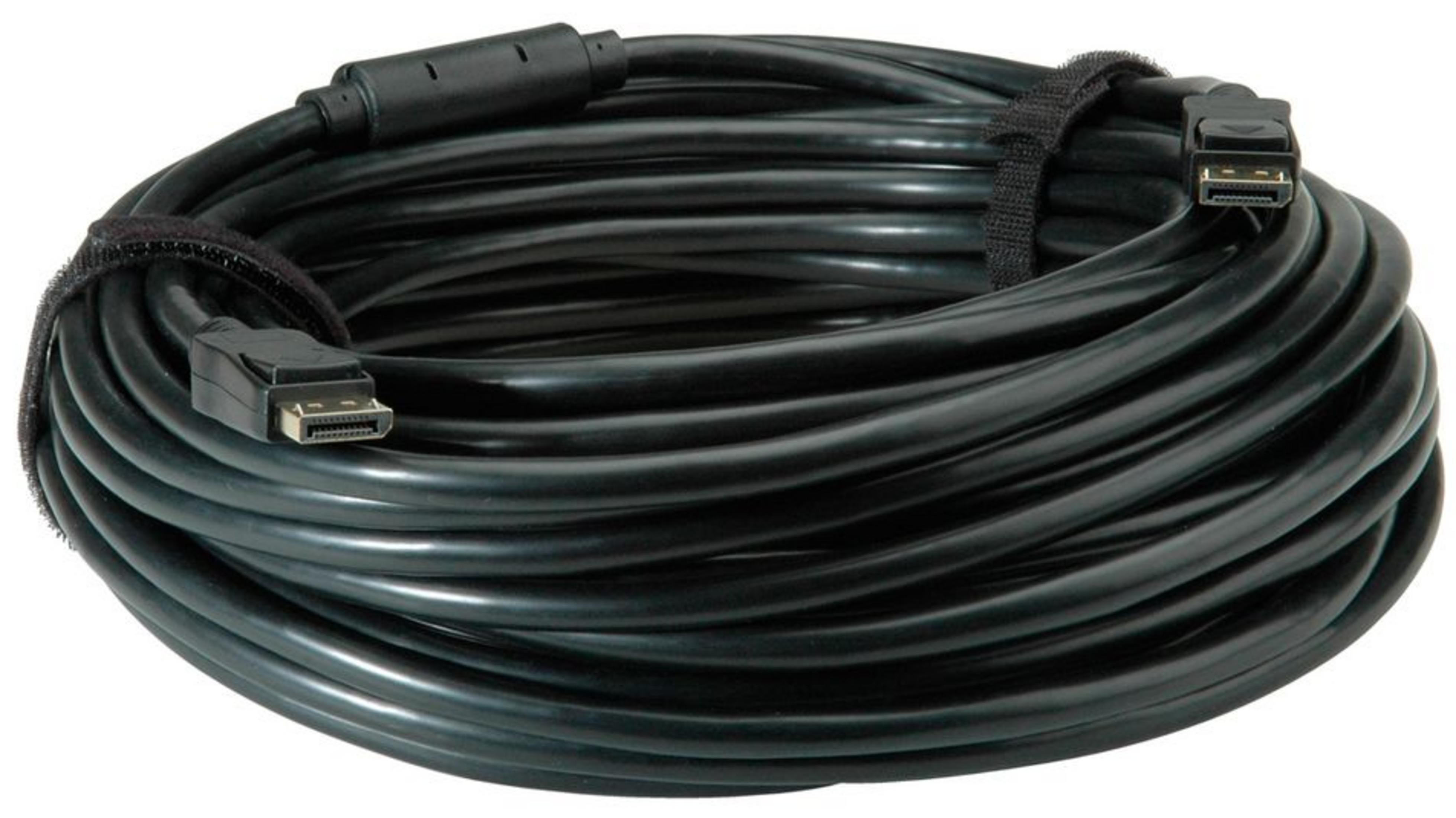 Un câble noir enroulé avec des connecteurs DisplayPort aux deux extrémités.