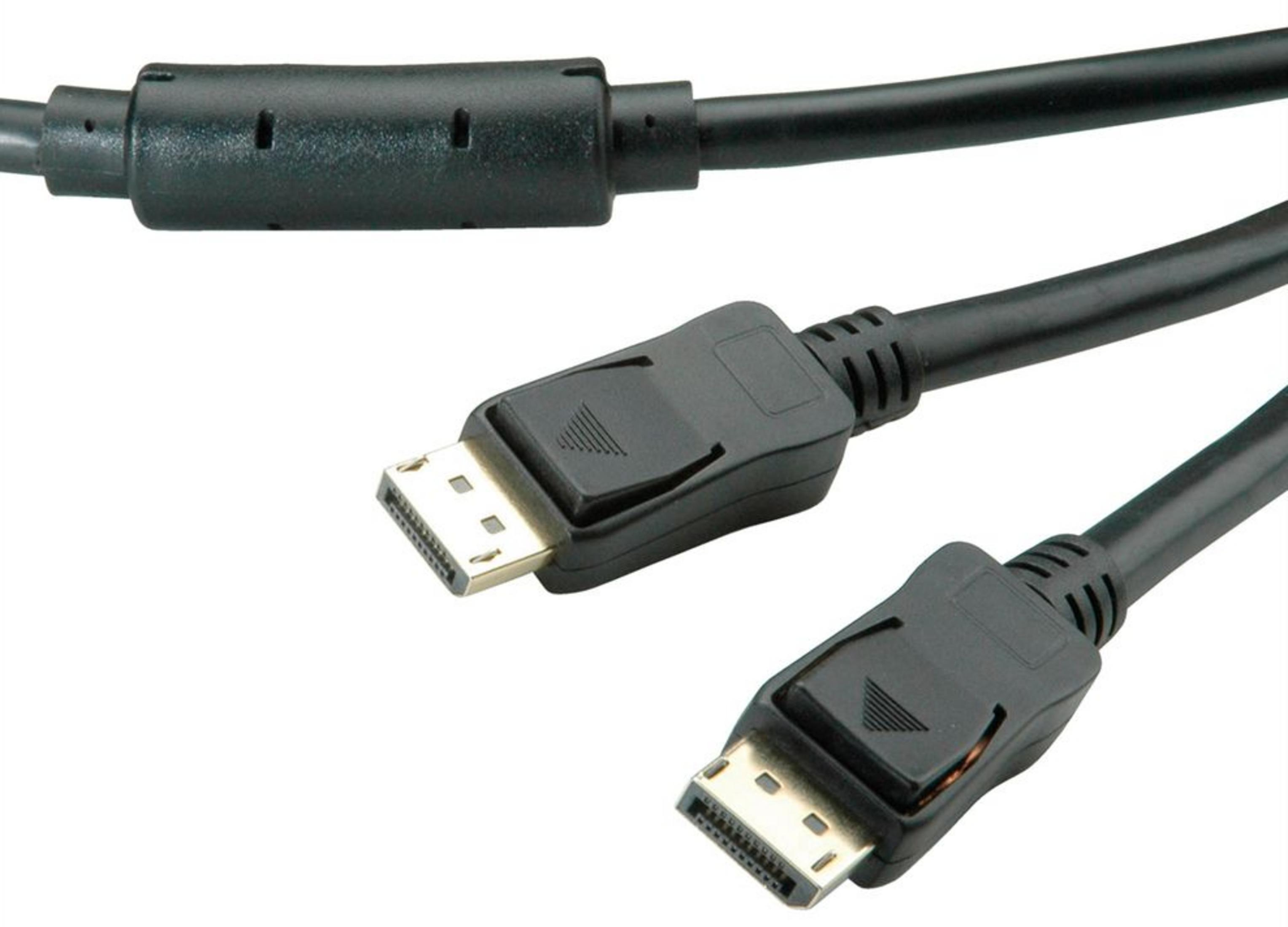 Deux câbles DisplayPort noirs avec connecteurs plaqués or sur fond blanc.