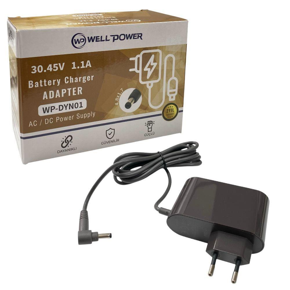 Kablolu ve ambalajlı gri AC/DC güç adaptörü, Well Power 30.45V 1.1A.