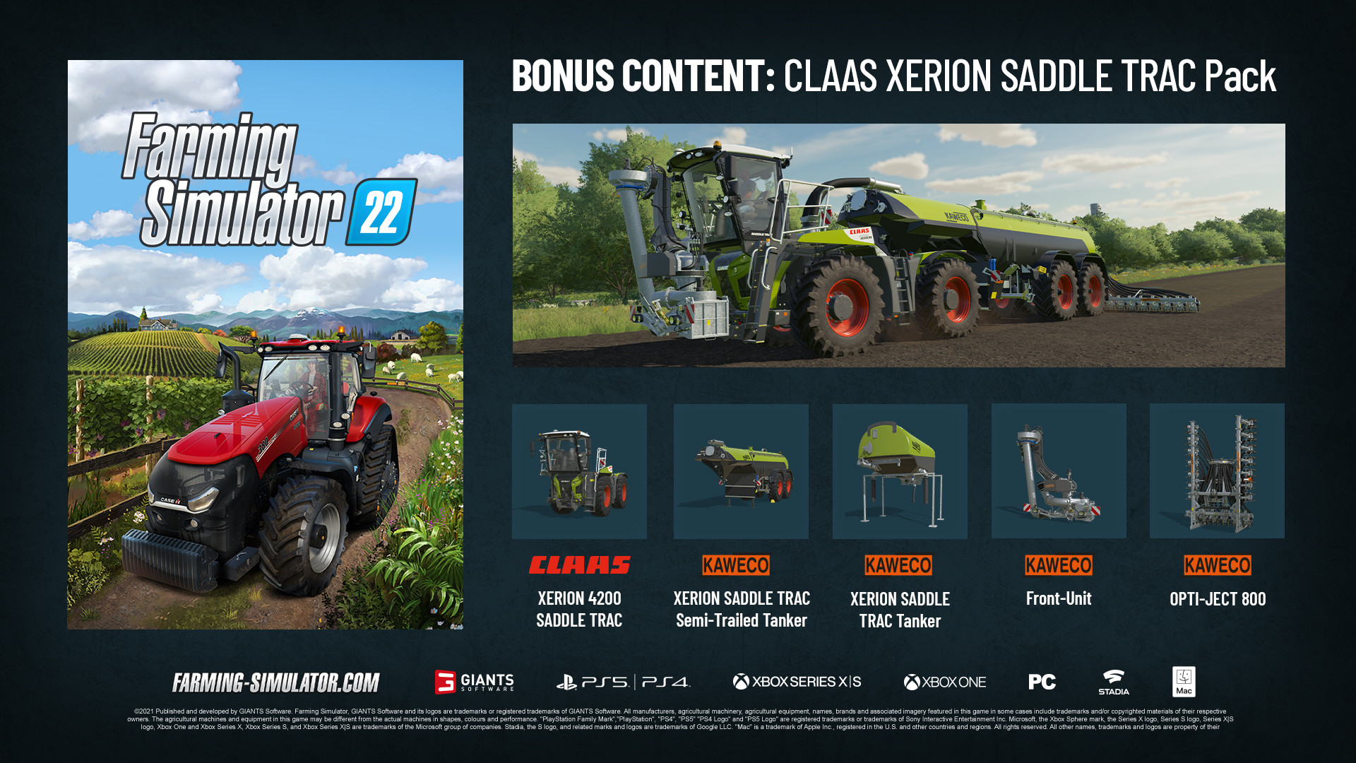 Copertina di Farming Simulator 22 con CLAAS XERION e altre macchine.